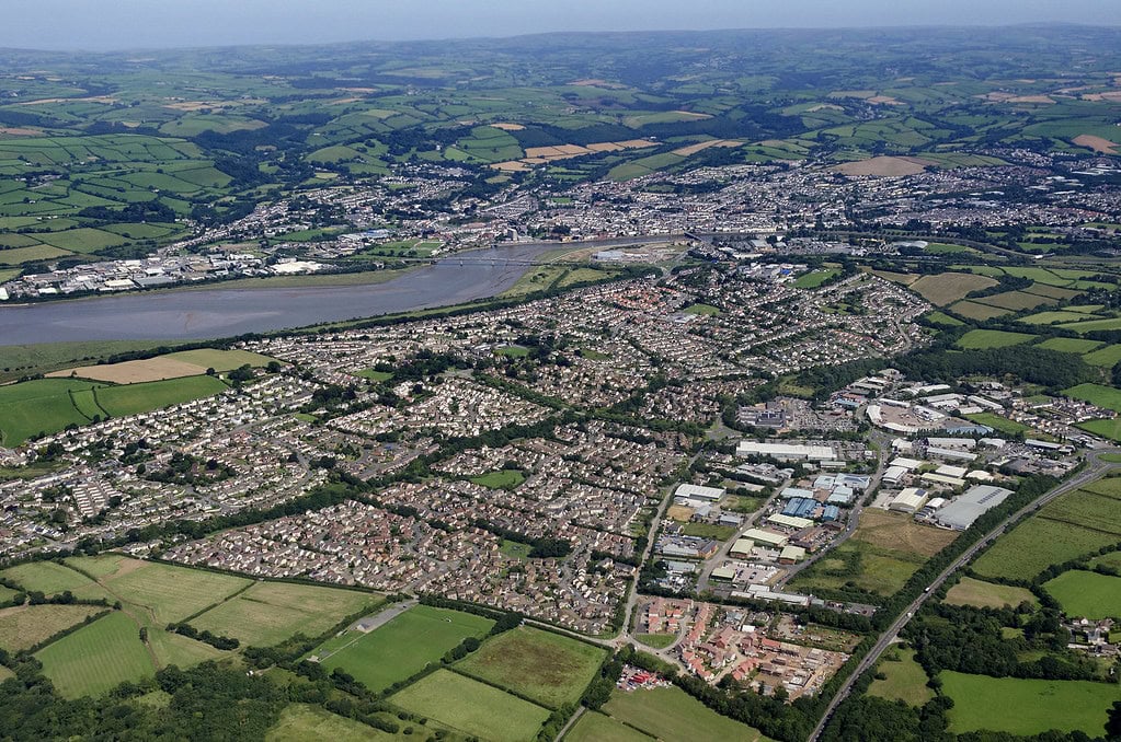 An aerial photograph taken from the perspective of a drone or helicopter of the town Barnstaple in the South West of England.