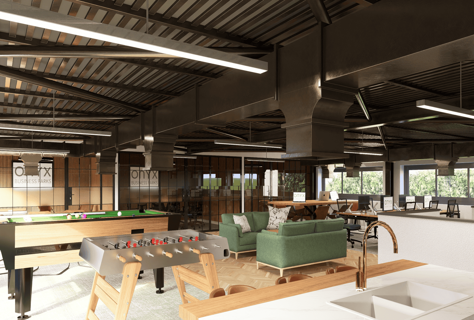 A modern gym sales office featuring an open floor plan with a foosball table, pool table, comfortable green sofas, and workstations. Large windows provide ample natural light, and the space is accented with industrial-style beams and lighting