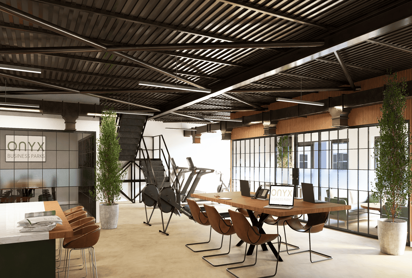 A contemporary gym sales office with a mix of functional workspaces and fitness equipment. The area includes desks with computers, a treadmill, exercise bikes, and a staircase leading to the mezzanine. The design features an industrial aesthetic with metal beams and modern furnishings