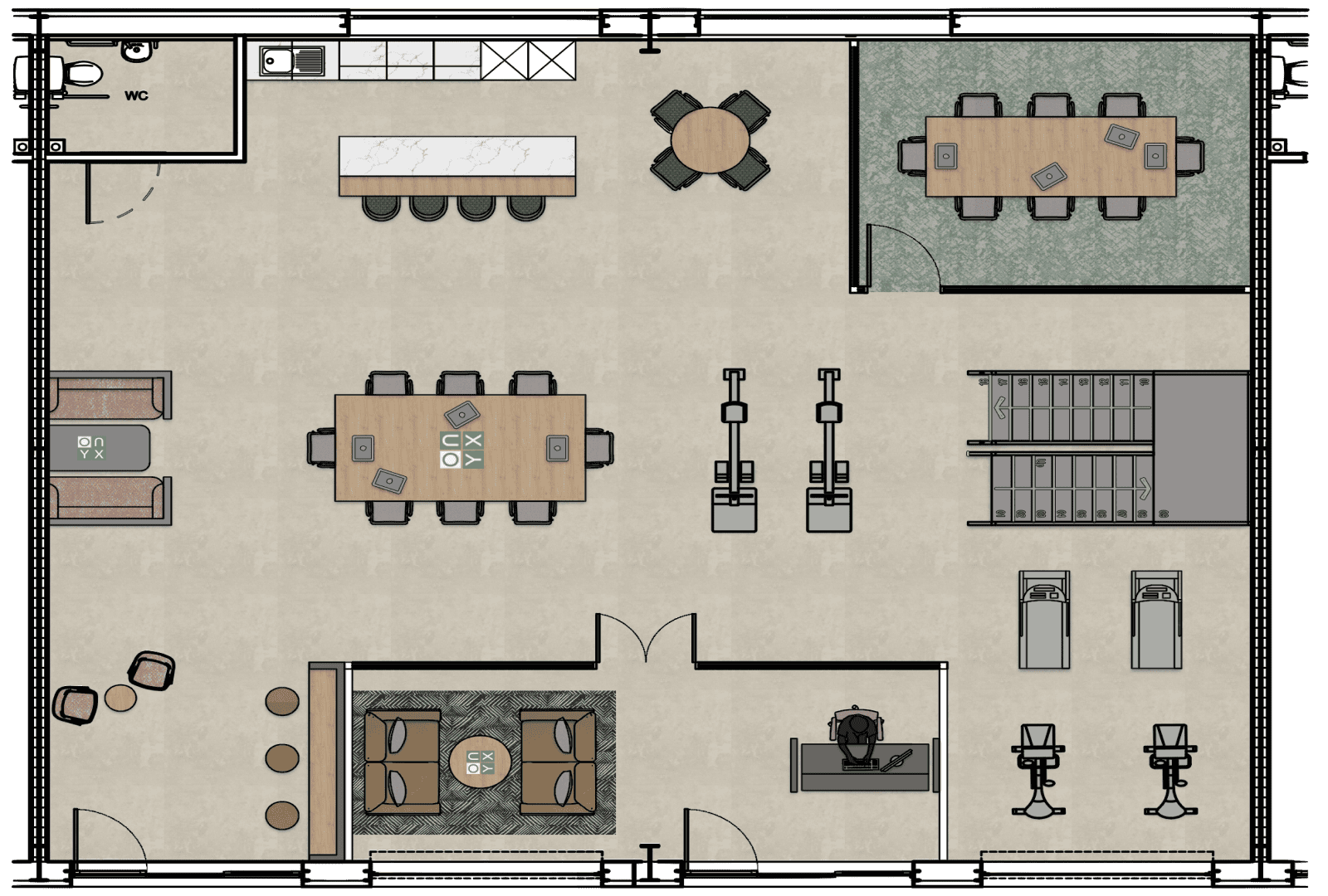 Floorplan of the first floor of the gym sales office, displaying various areas including workstations, a conference table, fitness equipment, and a lounge area. The layout shows the positioning of furniture and equipment for optimal use of space.