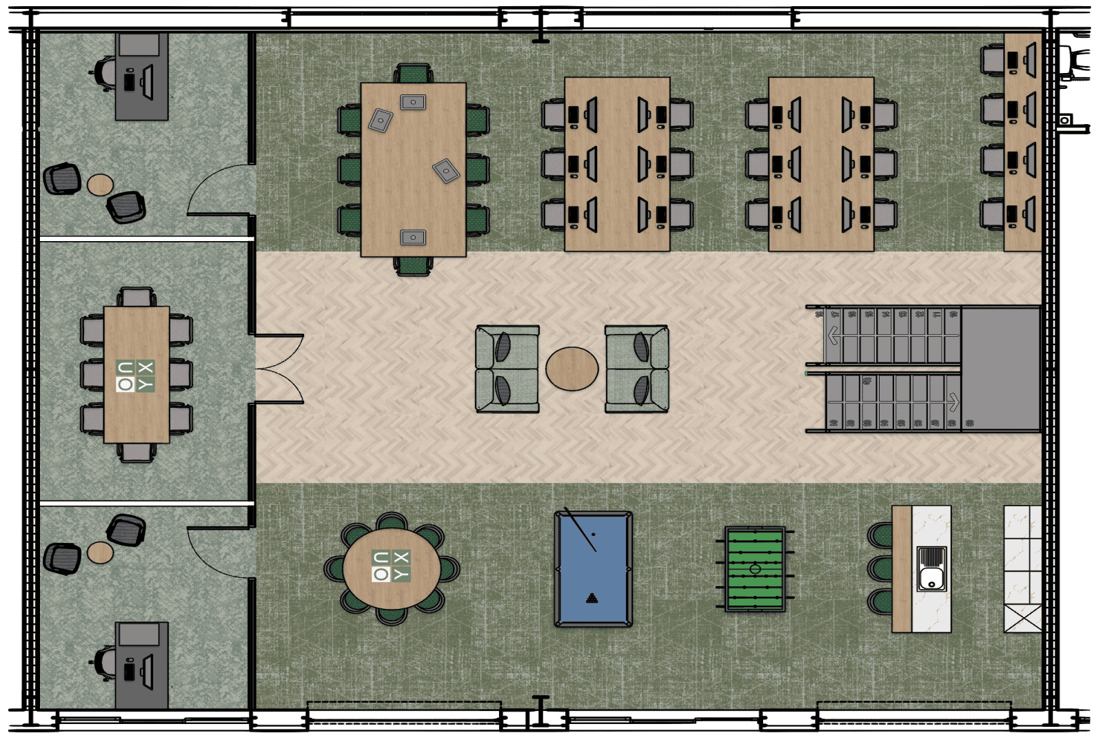 Ground floor floorplan of the gym sales office, highlighting multiple workstations, conference tables, a lounge area, and recreational features such as a pool table and foosball table. The design balances workspace functionality with leisure activities.