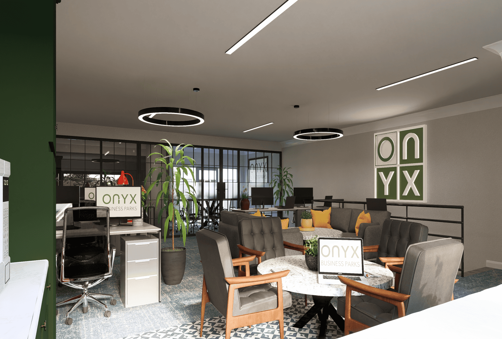 A stylish manufacturing office space with a modern design. The room features multiple workstations with computers, comfortable seating with yellow accent pillows, and lush green plants. The space is illuminated by circular ceiling lights and has an industrial chic aesthetic