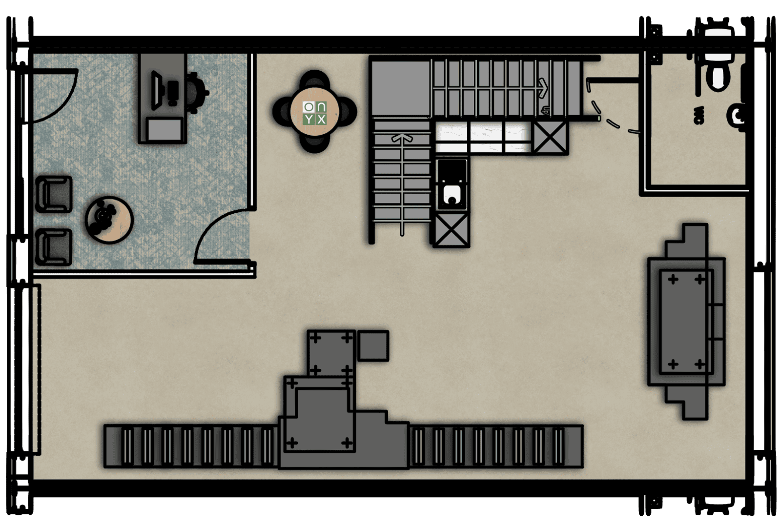 Ground floor floorplan of the manufacturing office unit, highlighting various areas including workstations, a small conference table, a staircase, and restroom facilities. The floor plan is designed to optimise workflow and accessibility.