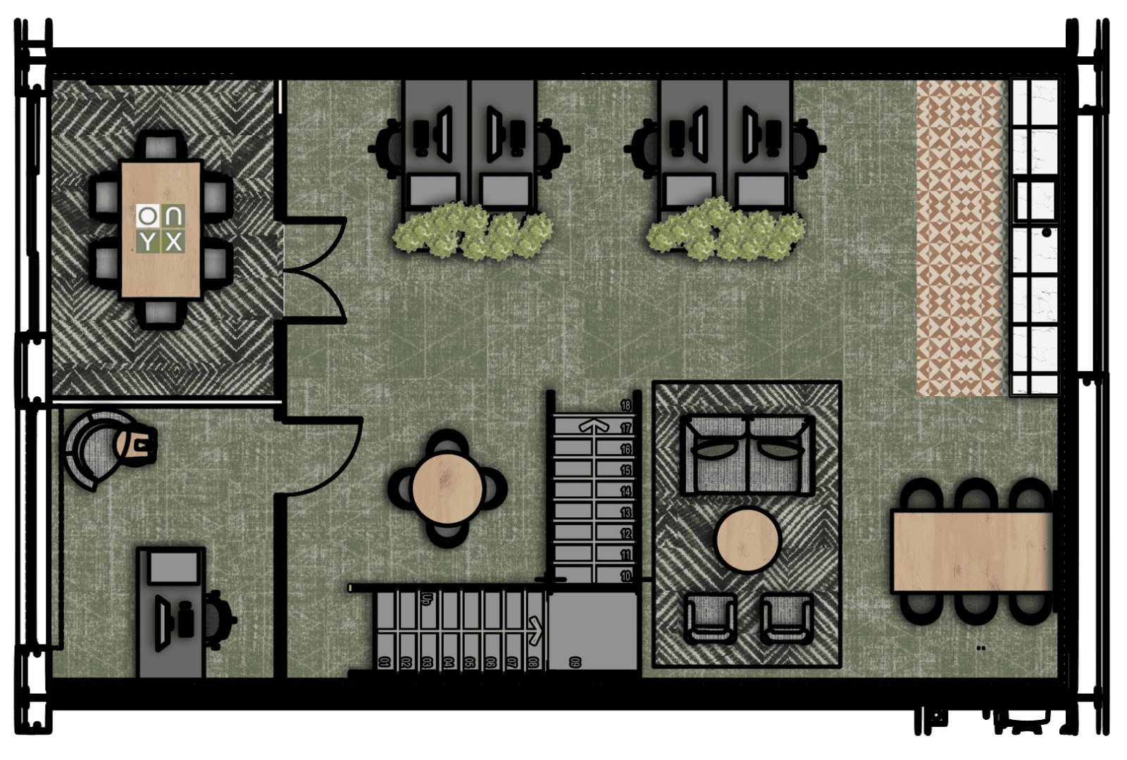 First floor floor plan of the office unit, featuring multiple workstations, a conference table, lounge seating areas, and a kitchenette. The layout includes strategically placed plants and efficient use of space for a productive work environment.