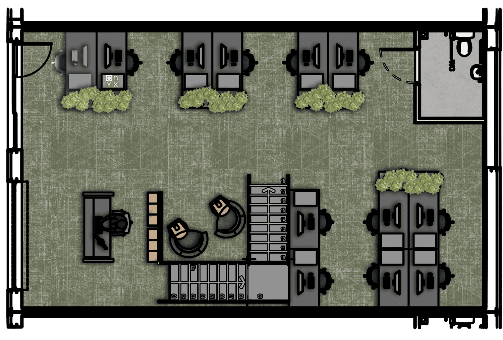 Ground floor floor plan of the office unit, showcasing a organised space with workstations, lounge areas, and a small conference table. The design incorporates greenery and a staircase to the mezzanine, optimising both aesthetics and functionality.