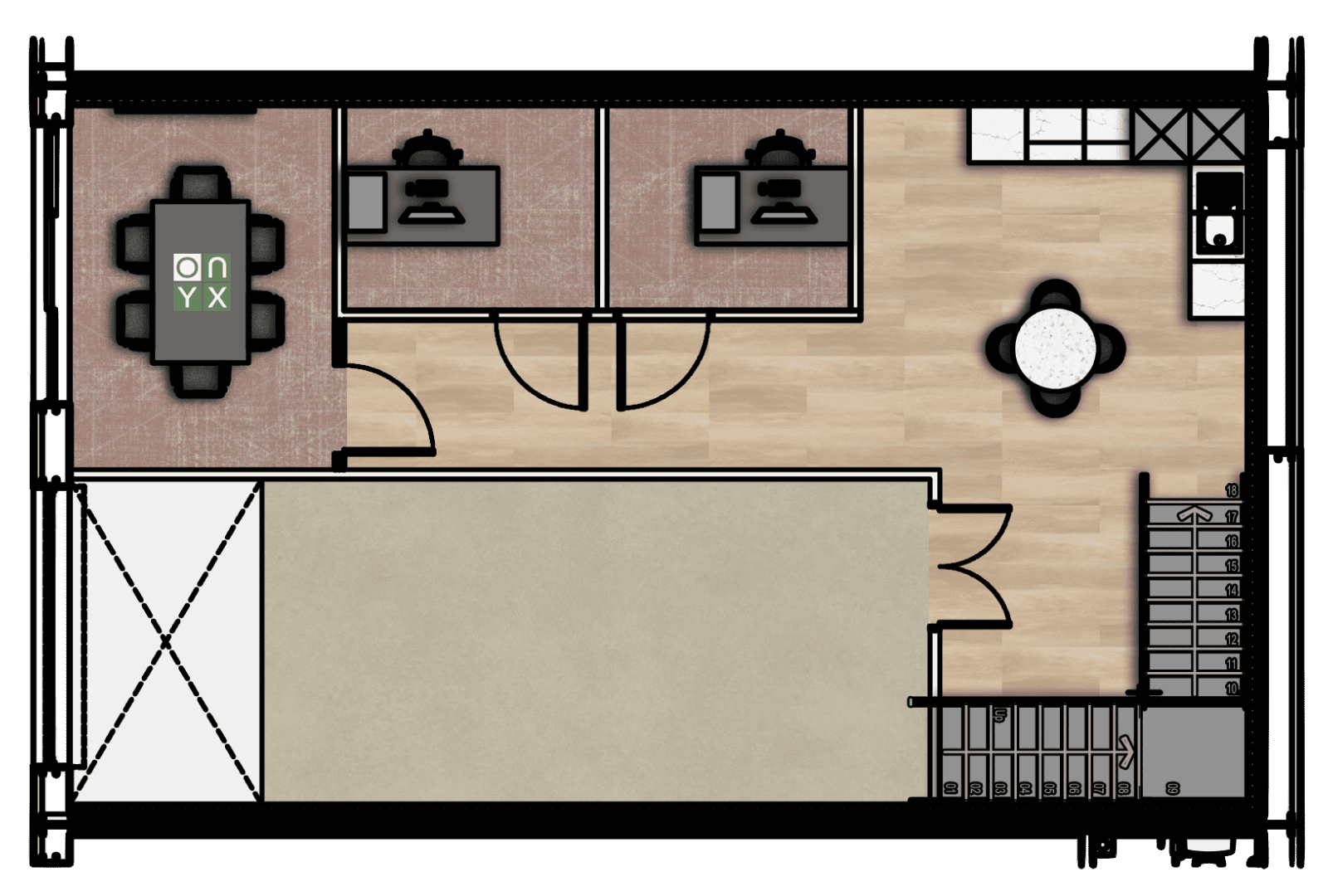 First floor floor plan of the retail and office unit, featuring two private offices, a conference room, and an open area with a small round table and kitchenette. The layout is designed to provide both collaborative and private workspaces