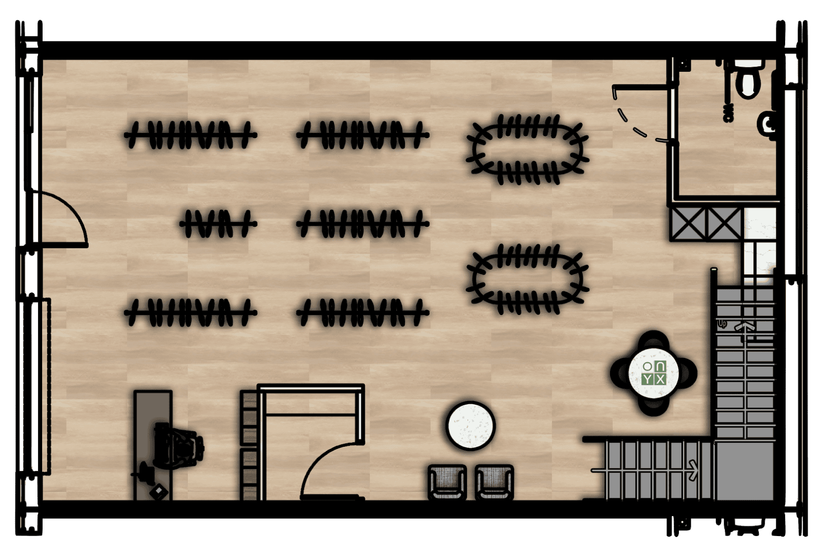 Ground floor floor plan of the retail and office unit, showcasing a large open retail area with several display tables arranged in rows and ovals. The floor plan includes a reception area, a small round table with chairs, and restroom facilities, emphasising a spacious and welcoming layout for customers.