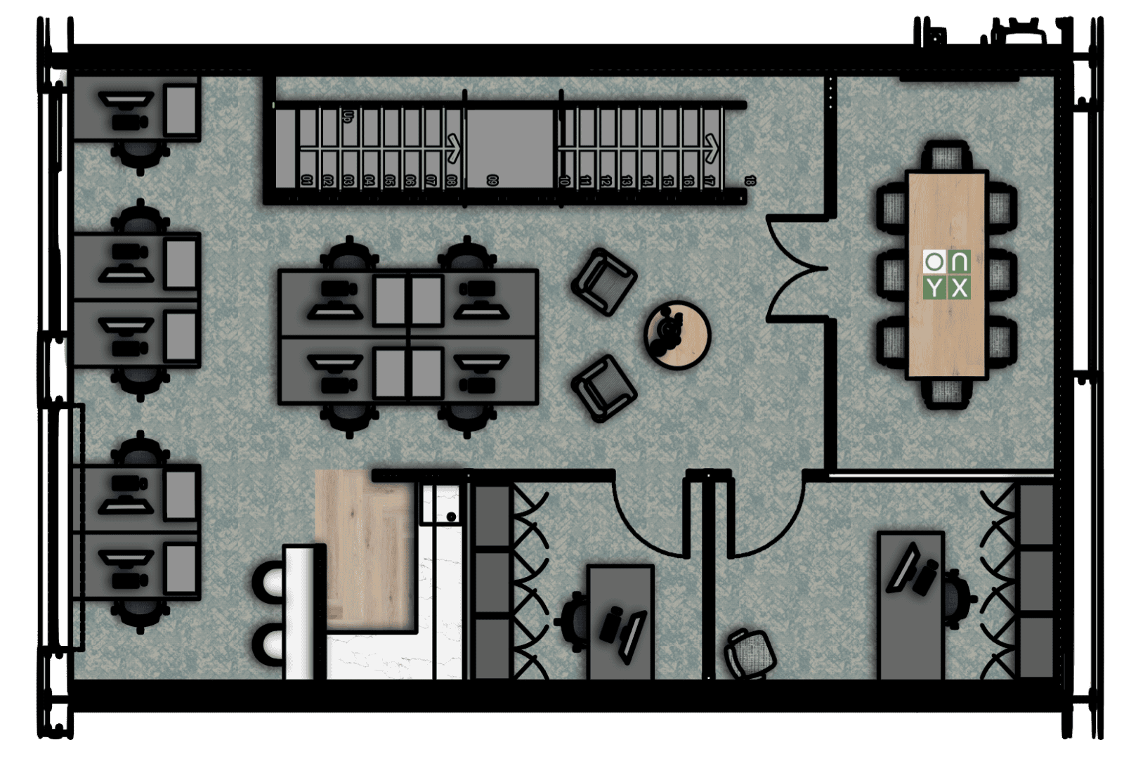 First floor floor plan of the storage and office unit, highlighting a different configuration of workstations, a central lounge area, and a conference room. The layout offers flexibility in office space design.