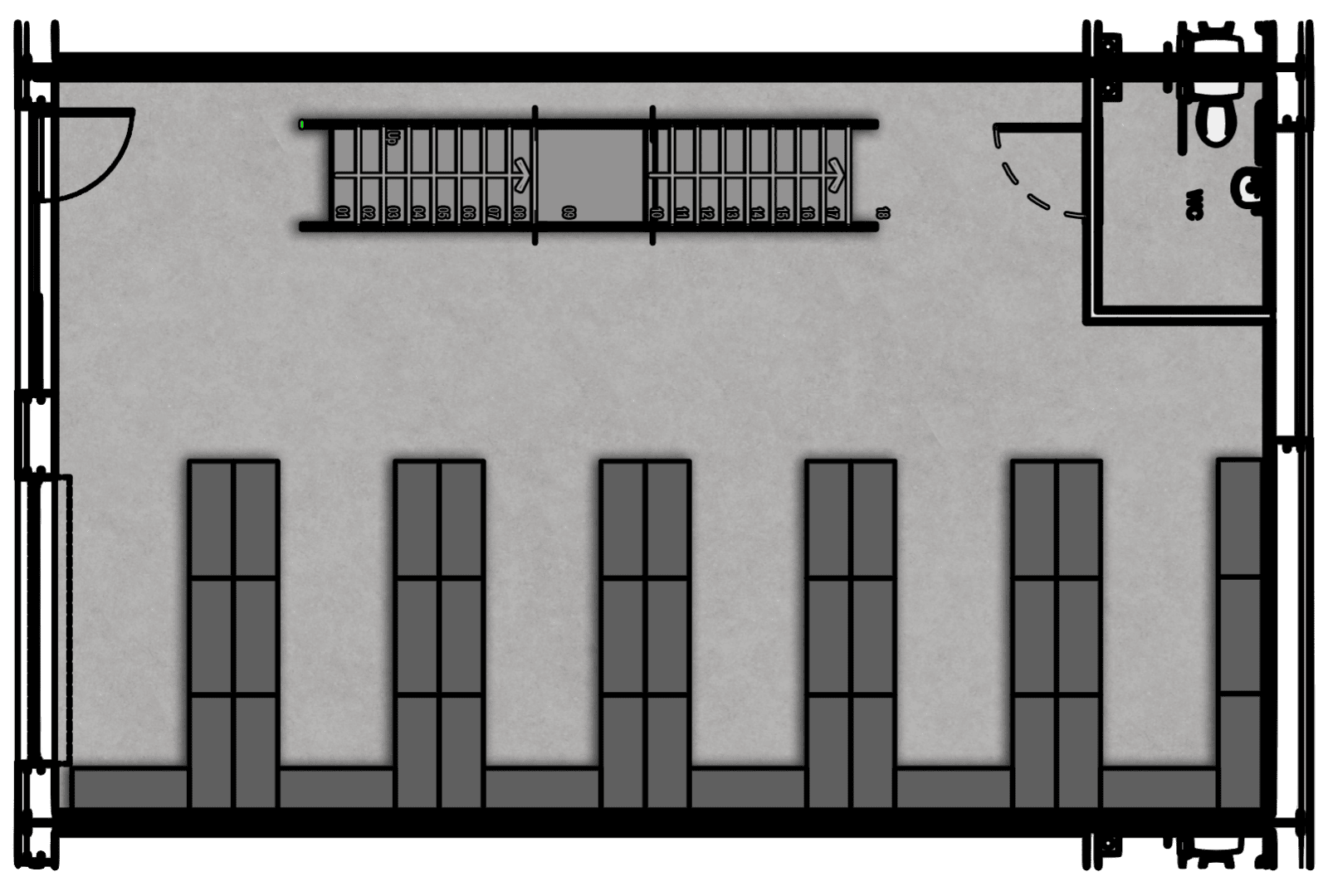 Ground floor floor plan of the storage and office unit, featuring a large open storage area, multiple workstations, a small conference table, and restroom facilities. This layout provides an alternative approach to combining storage and office space.