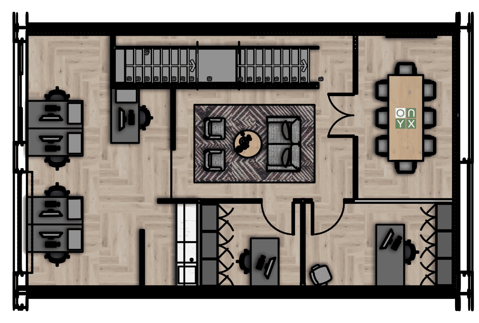 First floor floor plan of the storage and office unit, featuring multiple workstations, a lounge area with seating, a conference room, and a kitchenette. The layout is designed to maximise space for both work and relaxation.