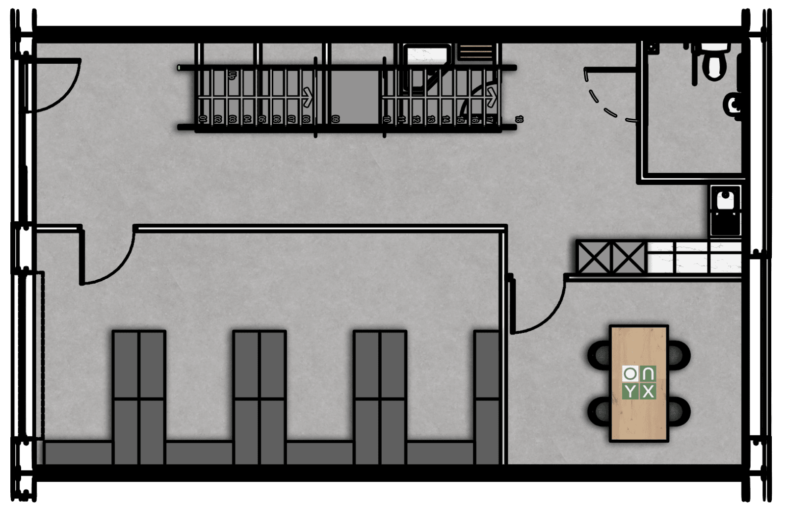 Ground floor floor plan of the storage and office unit, showcasing a spacious storage area, workstations, a small conference table, and restroom facilities. The design is optimised for both storage needs and office functionality.