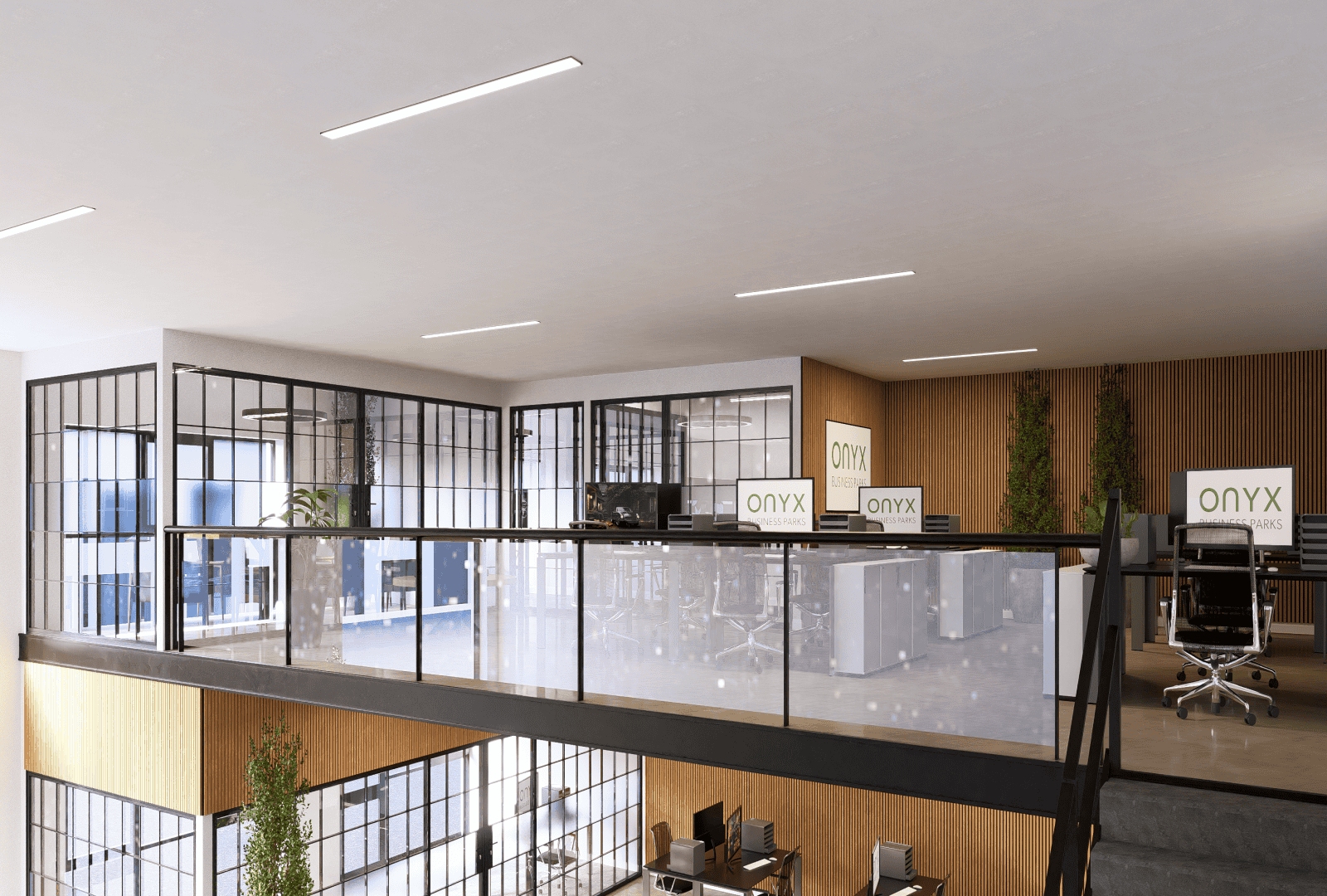 A modern office space on the mezzanine level with glass partitions, workstations, and sleek office furniture. The design features an open layout with a railing overlooking the ground floor, providing a spacious and airy environment.