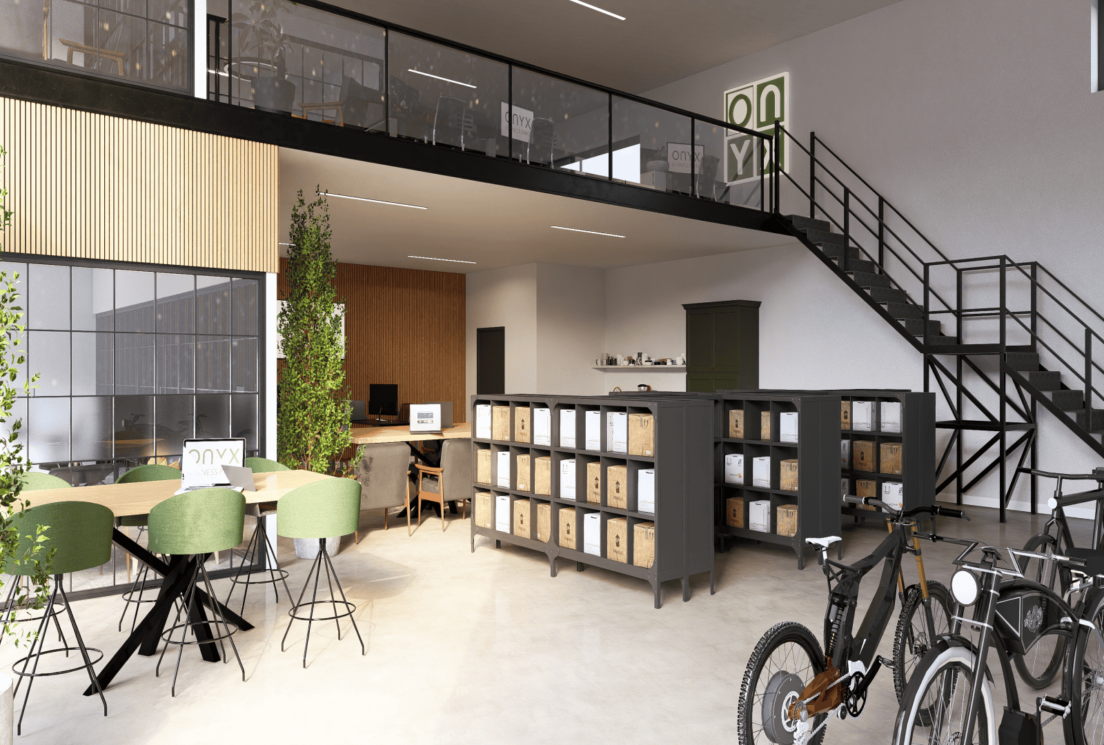 A contemporary bike sales office featuring a ground floor layout with shelving units, bicycles on display, and workstations. The space includes green chairs around a table and plants adding a touch of greenery, with a staircase leading to the mezzanine.