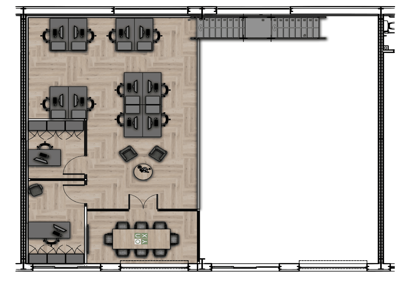 First floor floor plan of the bike sales office, showing multiple workstations, a conference table, and a lounge area. The design is optimised for both collaborative and private workspaces, providing a functional and organised layout.