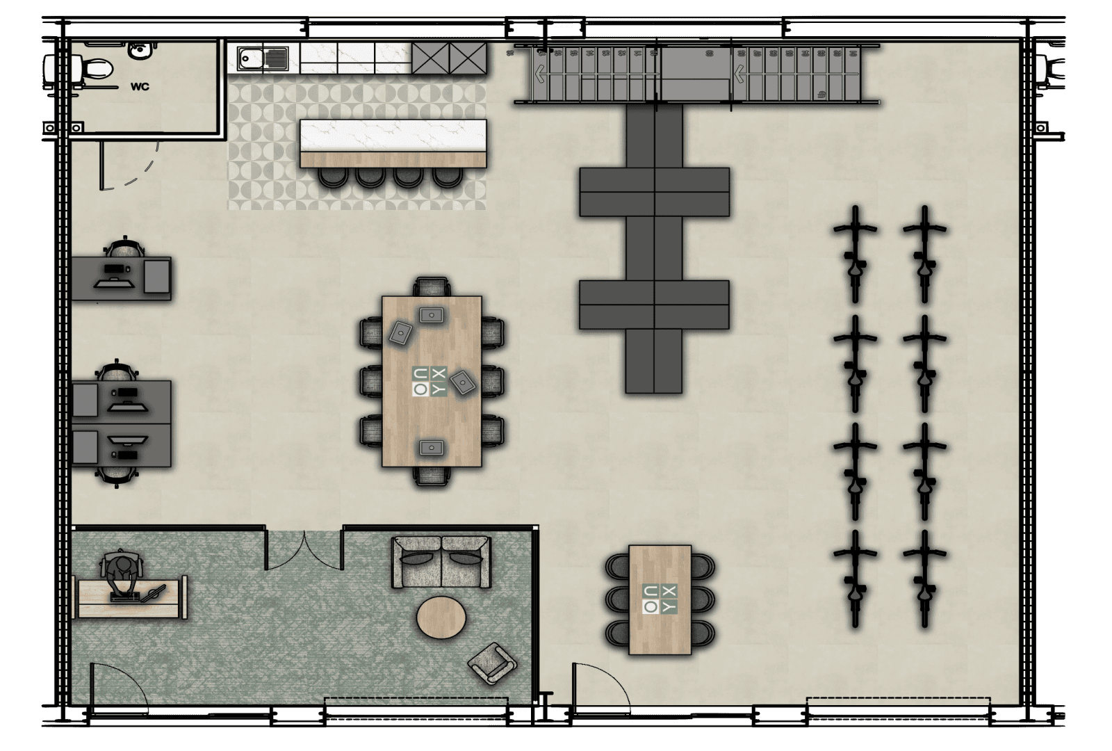 Ground floor floor plan of the bike sales office, showcasing a spacious display area for bicycles, shelving units, workstations, and a small lounge area. The layout is designed to offer a seamless customer experience with efficient use of space.