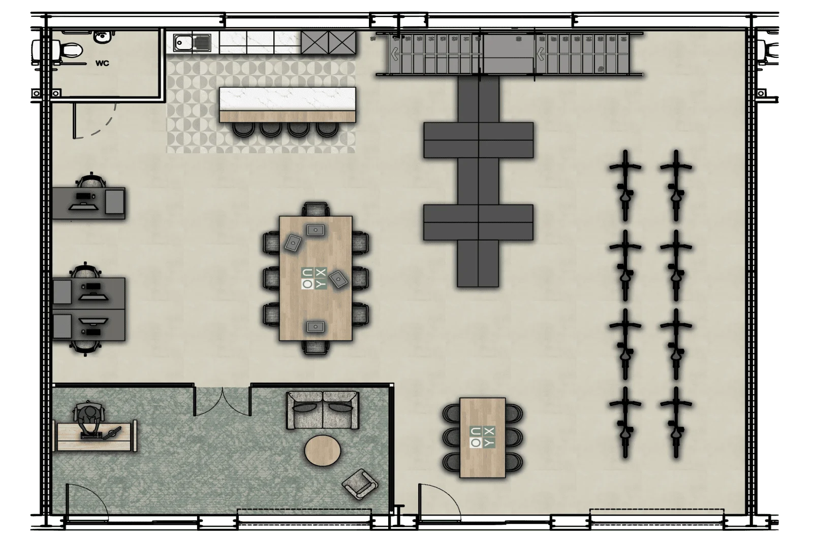 Ground floor floor plan of the bike sales office, showcasing a spacious display area for bicycles, shelving units, workstations, and a small lounge area. The layout is designed to offer a seamless customer experience with efficient use of space.