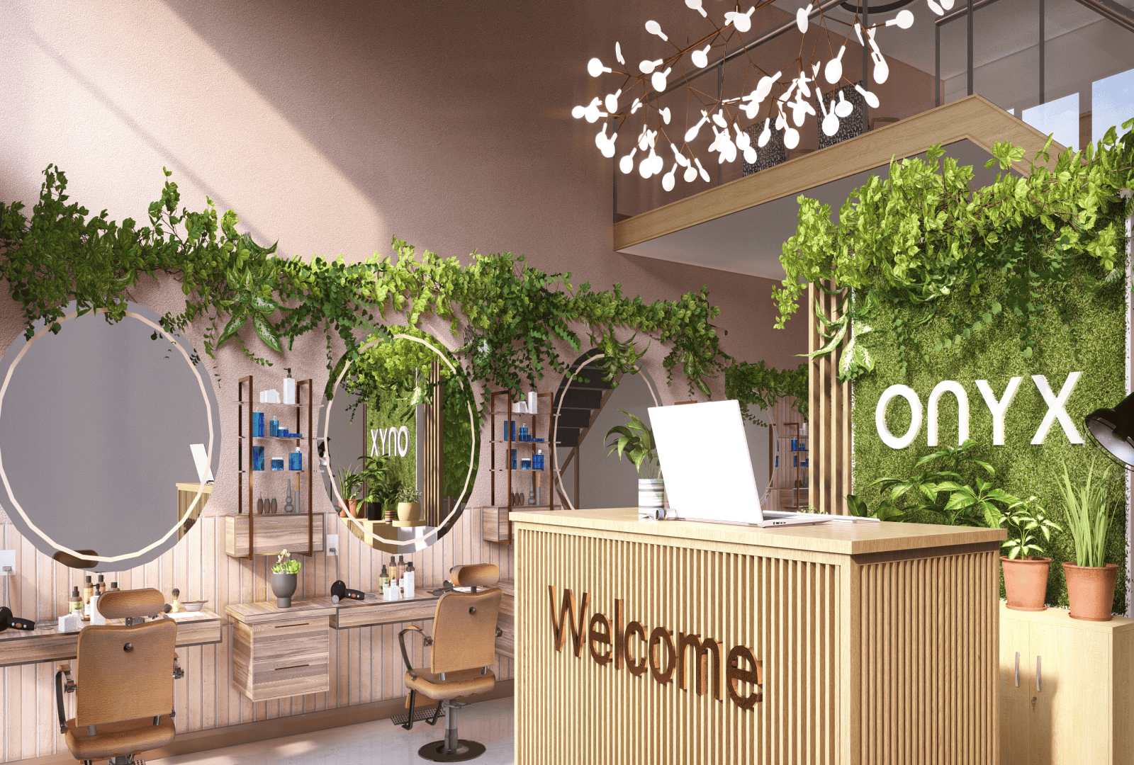 A stylish hair salon with a welcoming reception area. The interior features wooden furniture, round mirrors, salon chairs, and lush green plants. The reception desk displays a 'Welcome' sign, and the space is brightly lit with modern light fixtures.