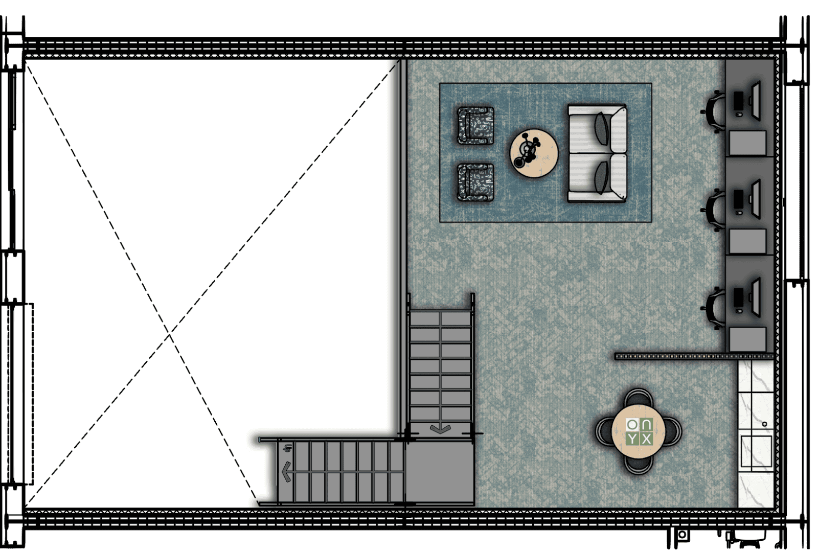 First floor floor plan of the hairdresser's unit, showing a seating area with a sofa and chairs, workstations, and a small round table. The layout includes a staircase leading to the ground floor, optimising the use of space for client services and relaxation.