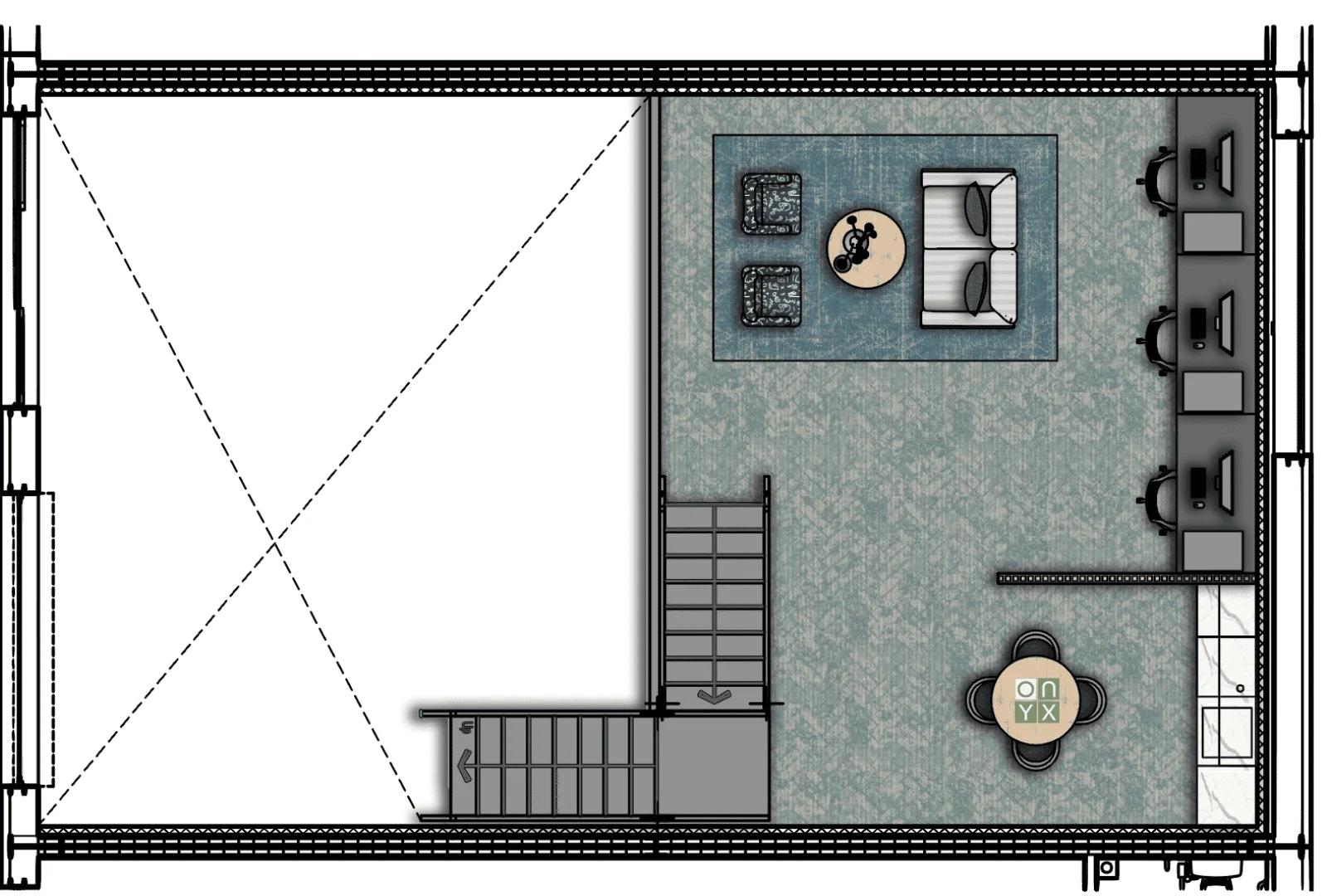 First floor floor plan of the hairdresser's unit, showing a seating area with a sofa and chairs, workstations, and a small round table. The layout includes a staircase leading to the ground floor, optimising the use of space for client services and relaxation.