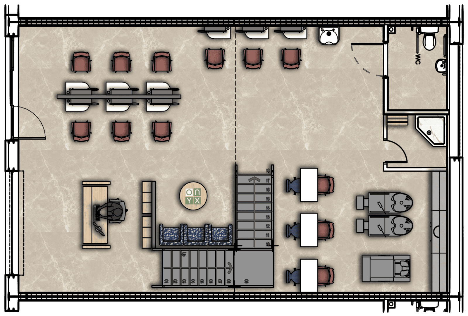 Ground floor floor plan of the hairdresser's unit, showcasing multiple salon stations with chairs and mirrors, a reception desk, and washing stations. The design also includes a restroom and a small waiting area, ensuring a functional and welcoming layout for clients.