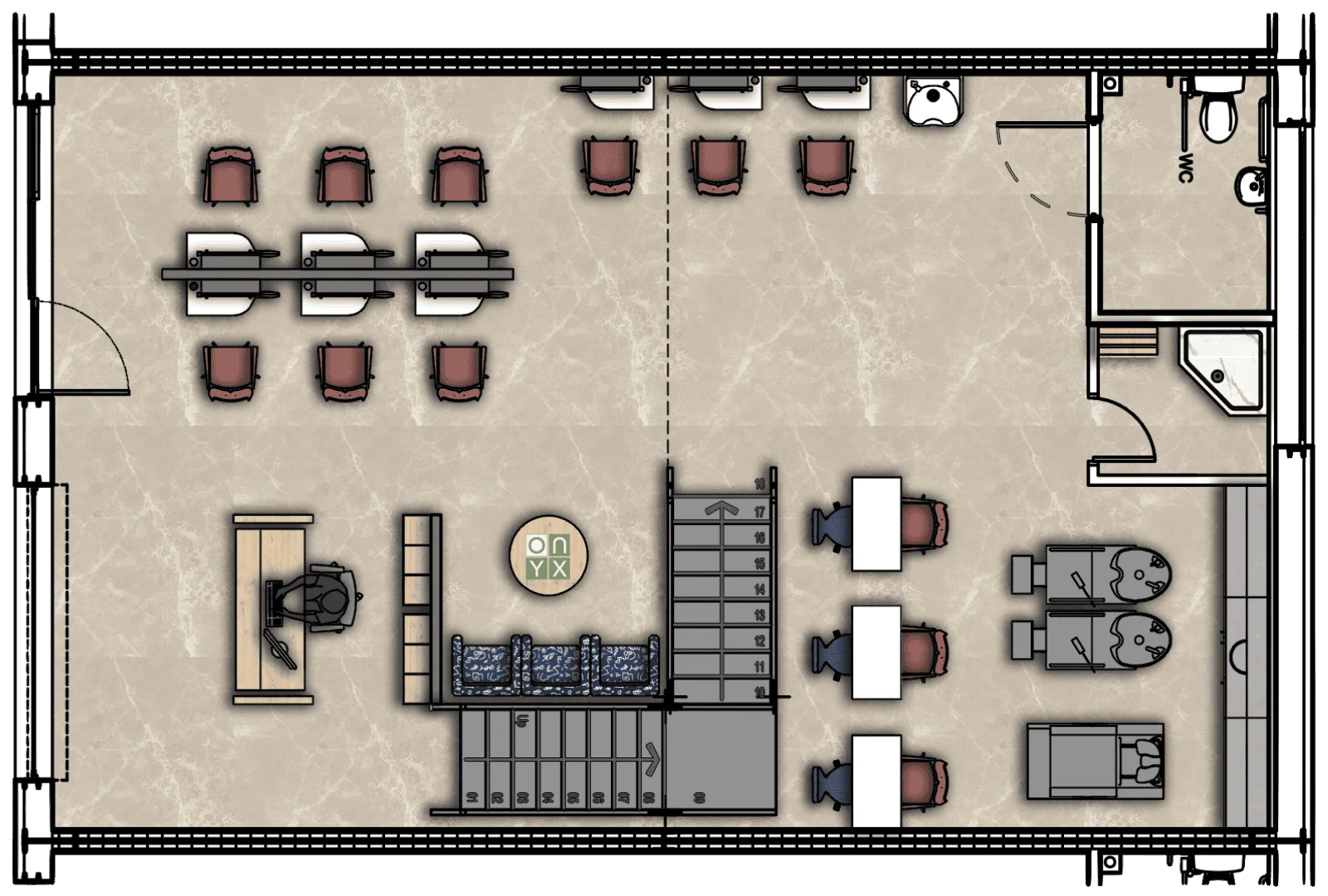 Ground floor floor plan of the hairdresser's unit, showcasing multiple salon stations with chairs and mirrors, a reception desk, and washing stations. The design also includes a restroom and a small waiting area, ensuring a functional and welcoming layout for clients.