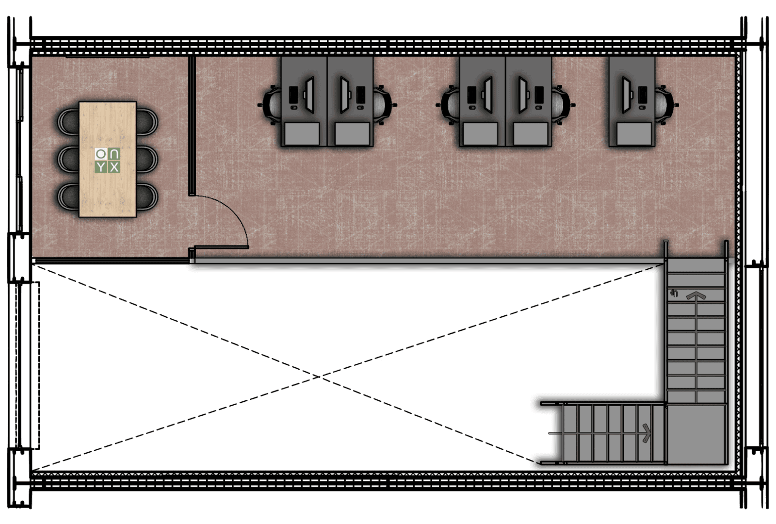 First floor floor plan of the manufacturing and office unit, featuring multiple workstations, a conference table, and an open area. The design emphasises a balance between collaborative workspaces and private office areas.