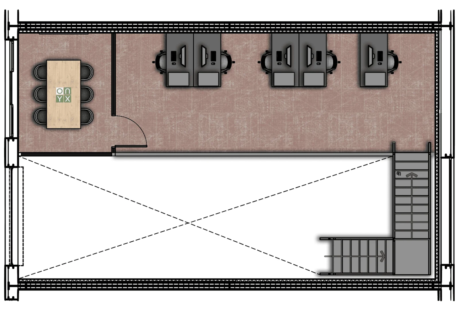 First floor floor plan of the manufacturing and office unit, featuring multiple workstations, a conference table, and an open area. The design emphasises a balance between collaborative workspaces and private office areas.