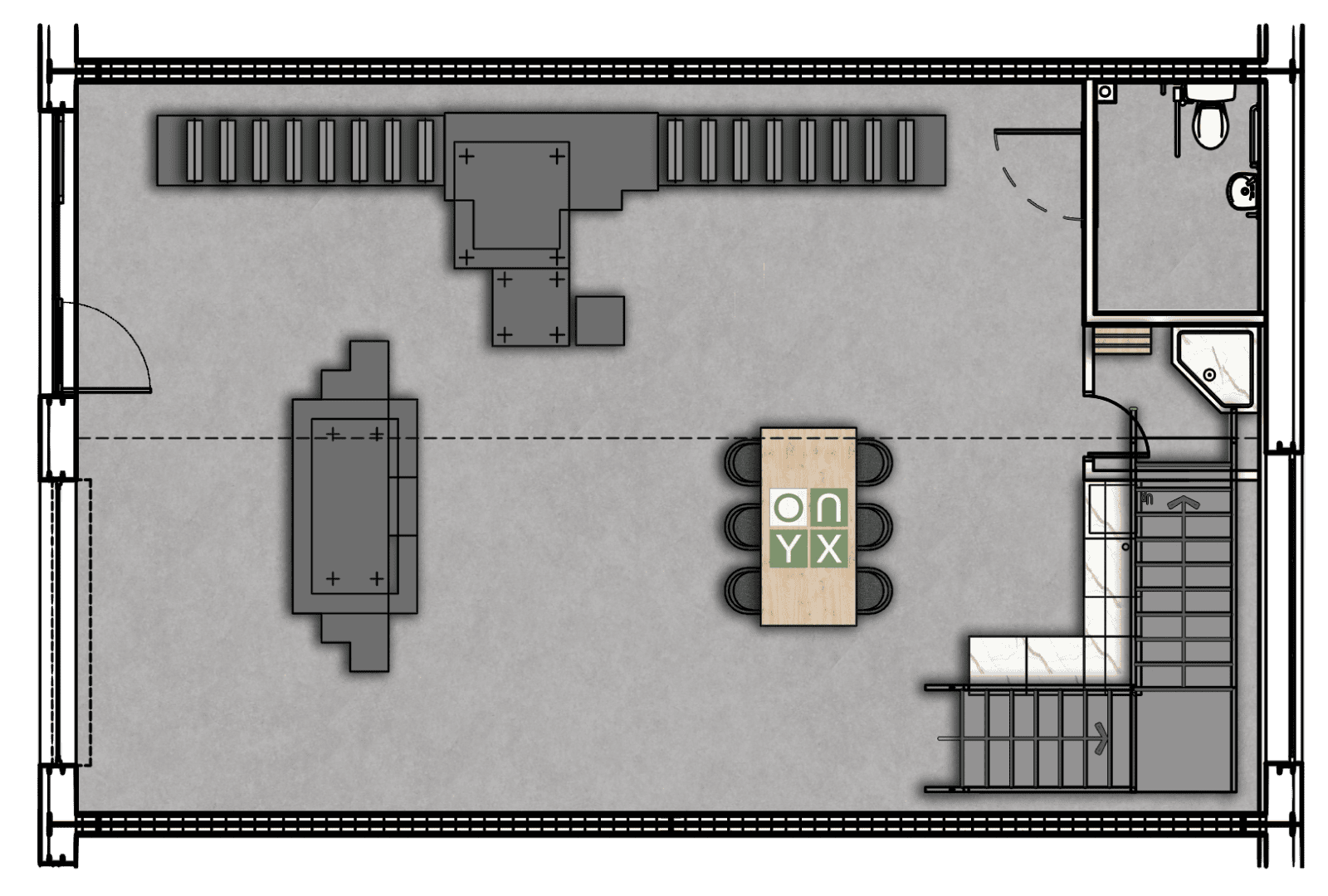 Ground floor floor plan of the manufacturing and office unit, showcasing a spacious manufacturing area, a large conference table, and additional workstations. The layout also includes restroom facilities and a staircase leading to the mezzanine.