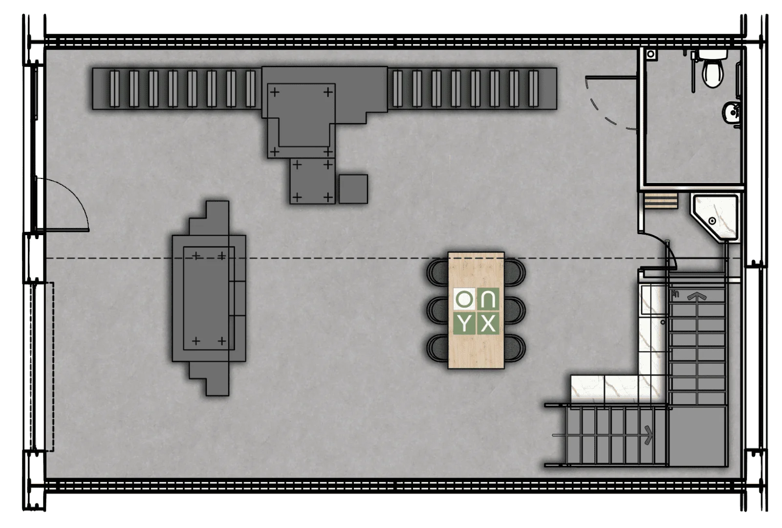 Ground floor floor plan of the manufacturing and office unit, showcasing a spacious manufacturing area, a large conference table, and additional workstations. The layout also includes restroom facilities and a staircase leading to the mezzanine.