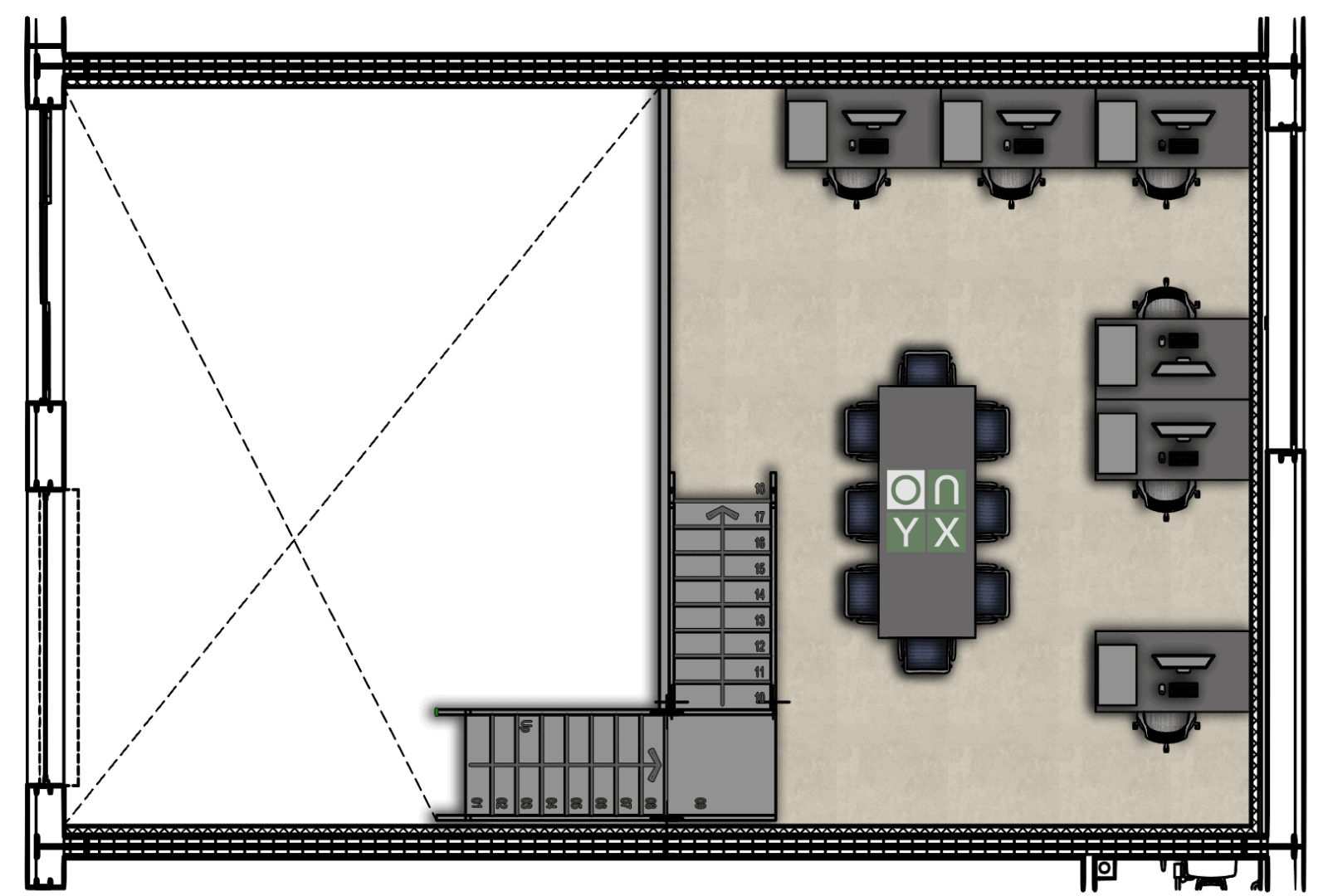 First floor floor plan of the office half mezzanine unit, featuring multiple workstations and a central conference table. The layout is designed to facilitate teamwork and efficient use of office space, with a staircase leading to the ground floor.