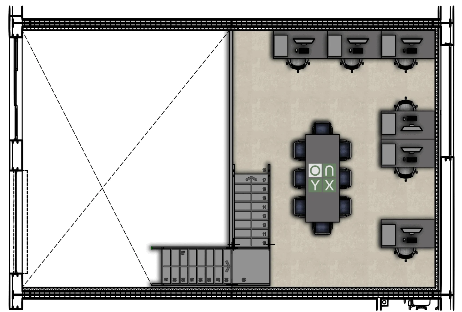 First floor floor plan of the office half mezzanine unit, featuring multiple workstations and a central conference table. The layout is designed to facilitate teamwork and efficient use of office space, with a staircase leading to the ground floor.