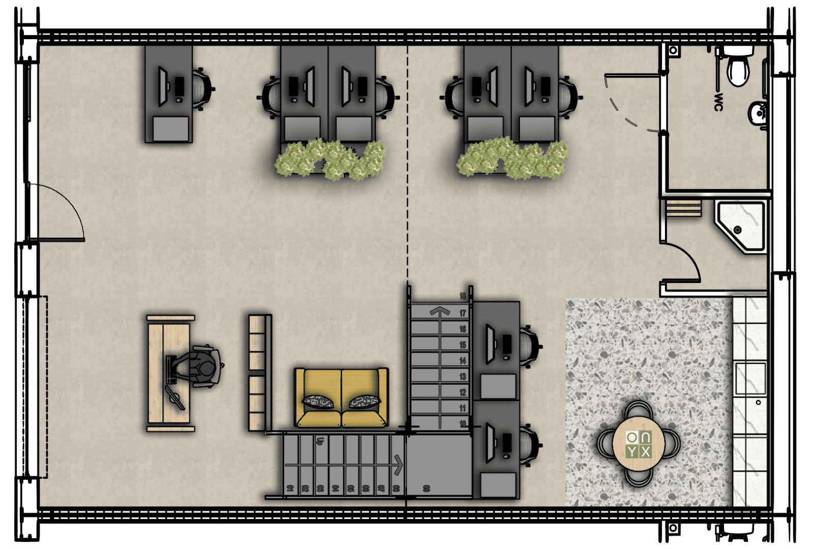 Ground floor floor plan of the office half mezzanine unit, showcasing a spacious office area with workstations, a lounge area with a sofa, and a small round table. The design also includes restroom facilities and a staircase leading to the mezzanine.