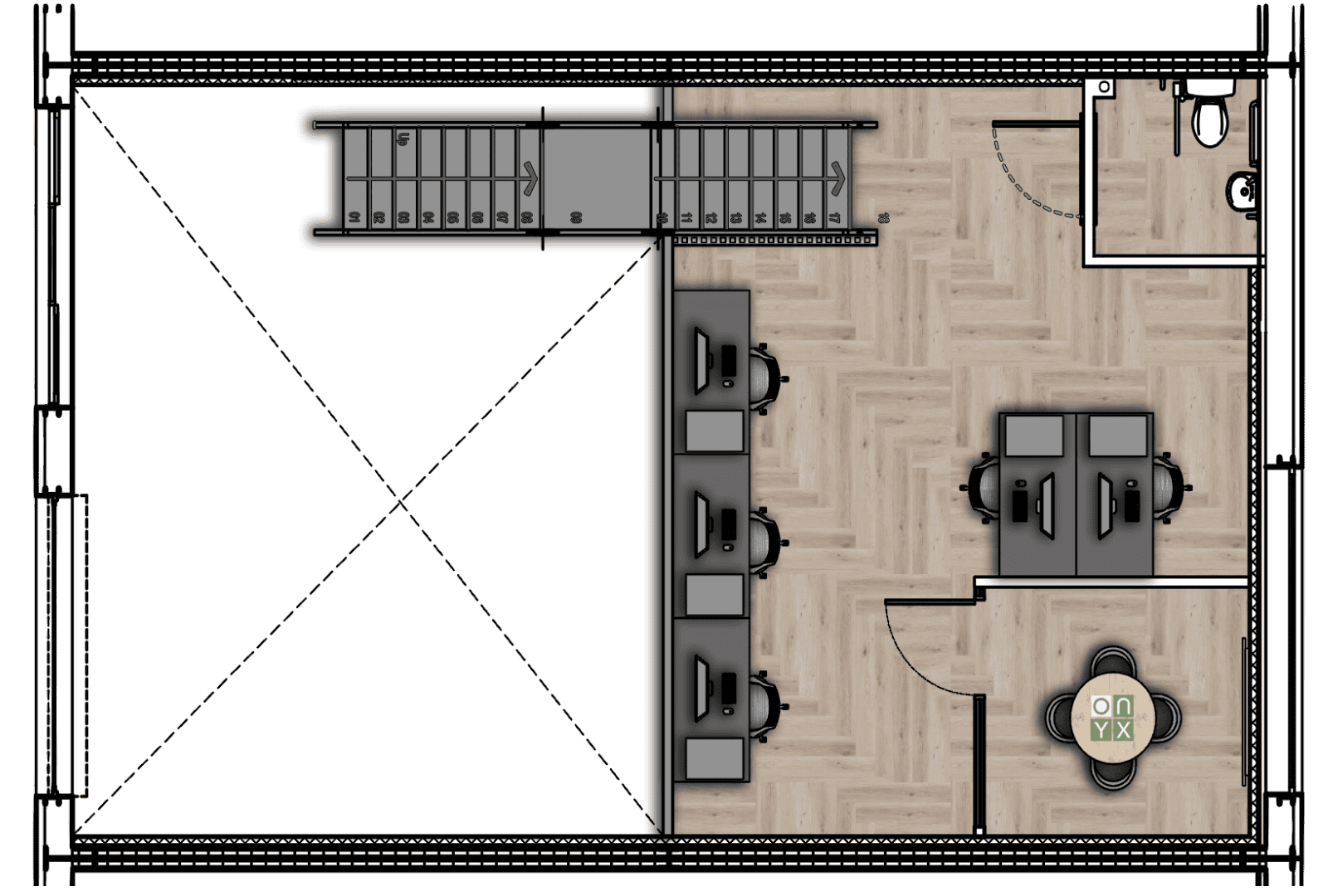 First floor plan of the storage and office half mezzanine unit. This layout includes a meeting room with a large ONYX-labeled table, workstations, and a small seating area. The plan also shows the position of the stairs leading to the ground floor.