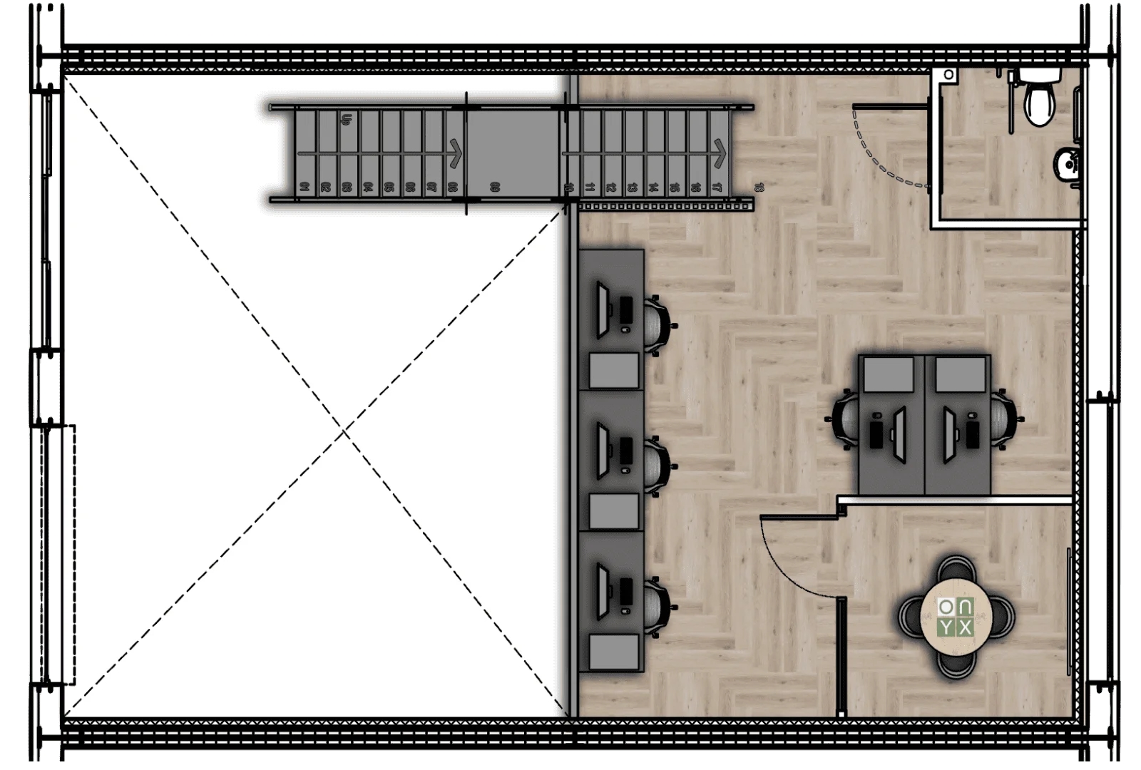 First floor plan of the storage and office half mezzanine unit. This layout includes a meeting room with a large ONYX-labeled table, workstations, and a small seating area. The plan also shows the position of the stairs leading to the ground floor.