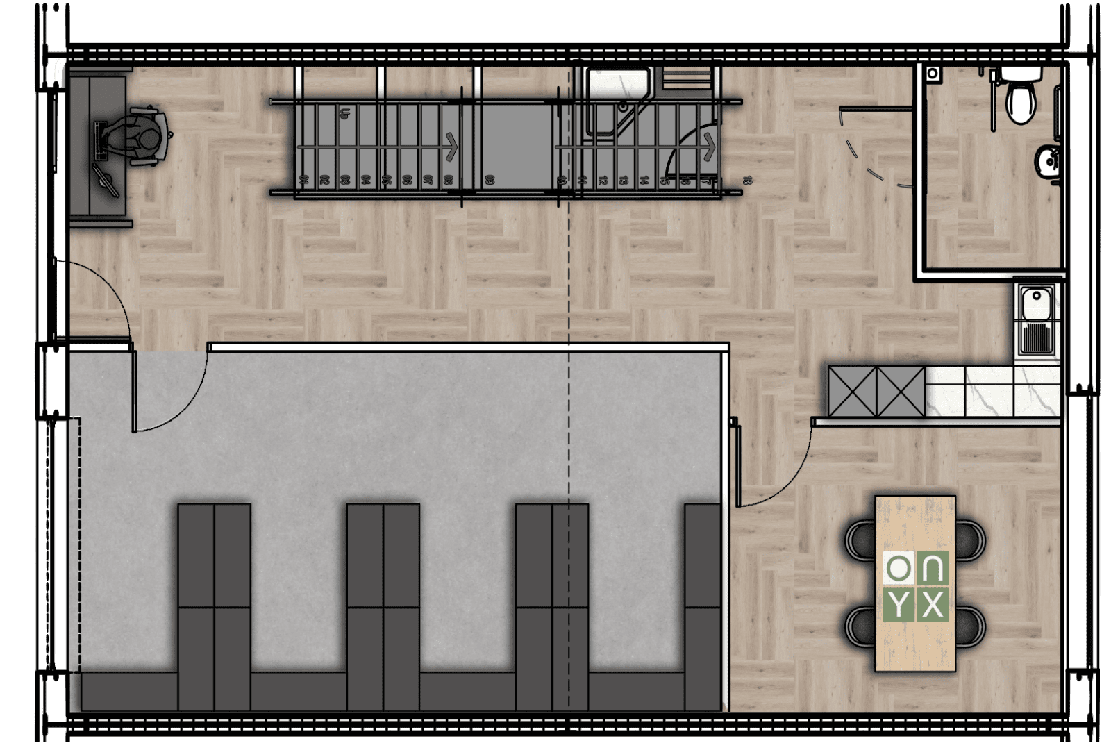 Ground floor plan of the storage and office half mezzanine unit. This layout features a storage area, a workspace with desks, a meeting table labeled ONYX, a kitchenette, and a restroom. The stairs to the first floor are also indicated.