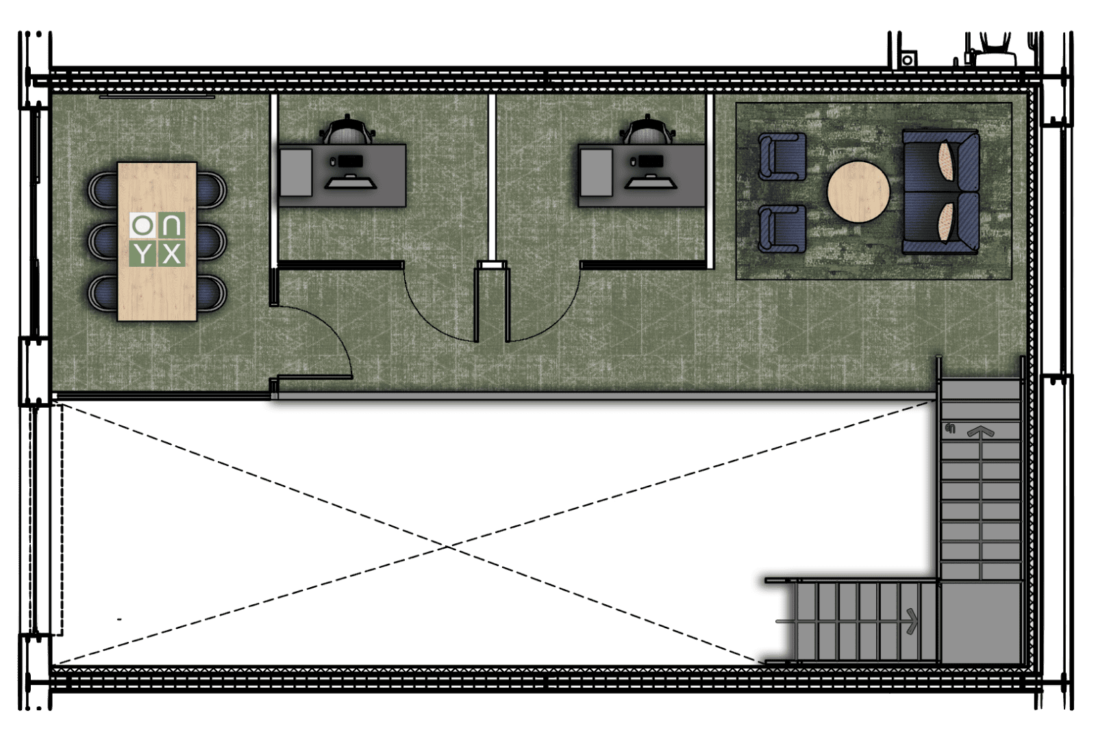 First floor plan of the storage and office half mezzanine unit. It includes a meeting room with a large table, individual workstations, and a seating area with two chairs and a small table. The layout also shows stairs leading down to the ground floor.