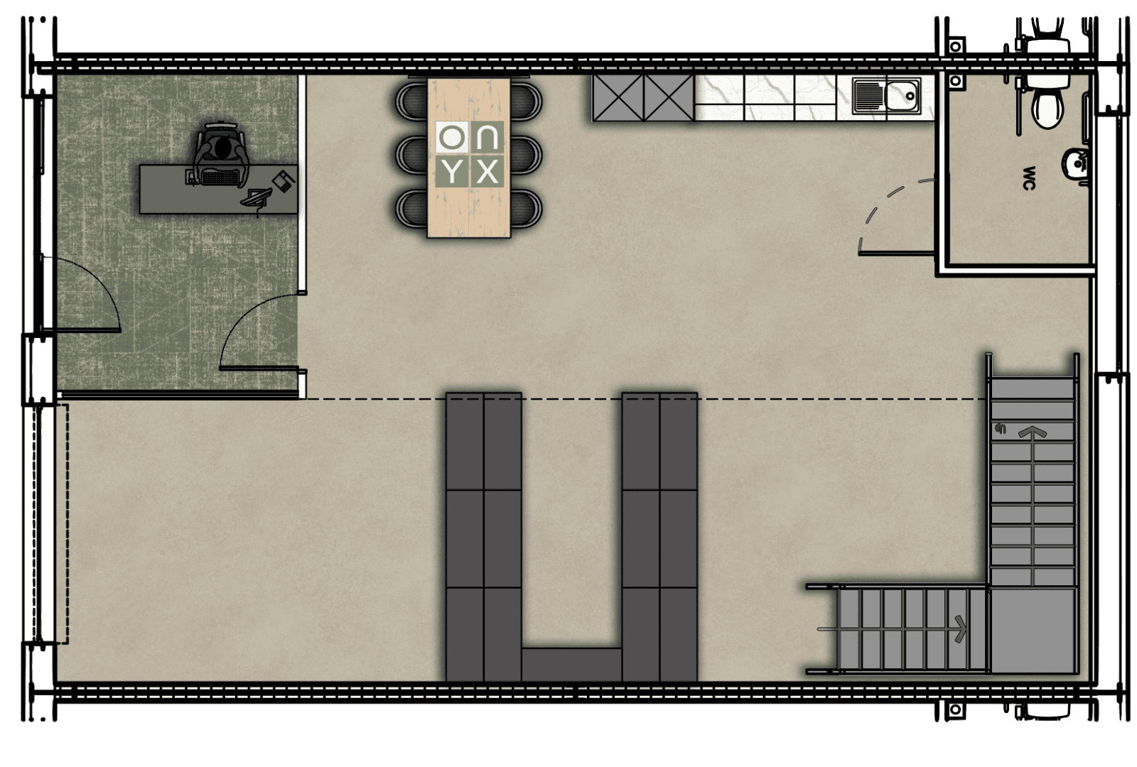 Ground floor plan of the storage and office half mezzanine unit. It features a storage area, a workspace with desks, a meeting table labeled ONYX, a kitchenette, and a restroom. The layout also includes stairs leading up to the first floor.