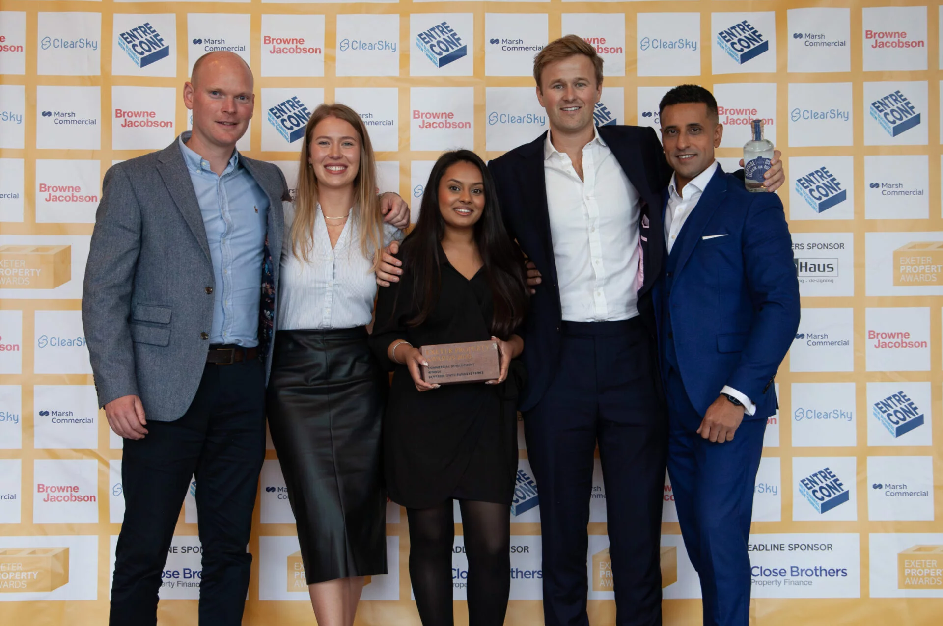 Onyx Business Parks team members attending the Exeter Property Awards 2023. The team of 5 members has just received their award for commercial development of the year.