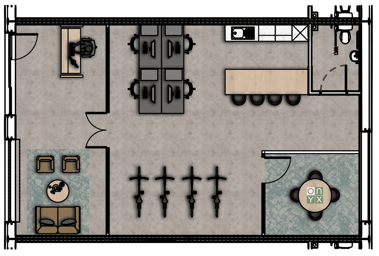 Floor plan of the bike sales full shell unit, showing a layout with workstations, a kitchenette, a restroom, a bike display area, and a lounge area with seating. The plan includes labels for various functional spaces and furniture arrangements.