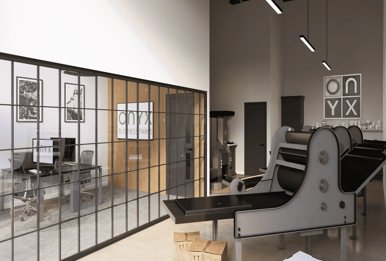 CGI image of the interior of the manufacturing and office full shell unit at Onyx Business Parks. The image shows a spacious area with large industrial machines and a modern office space enclosed by glass walls. The office area includes desks with computers and chairs, while the manufacturing area features machinery and workstations. The Onyx Business Parks logo is visible on the wall.