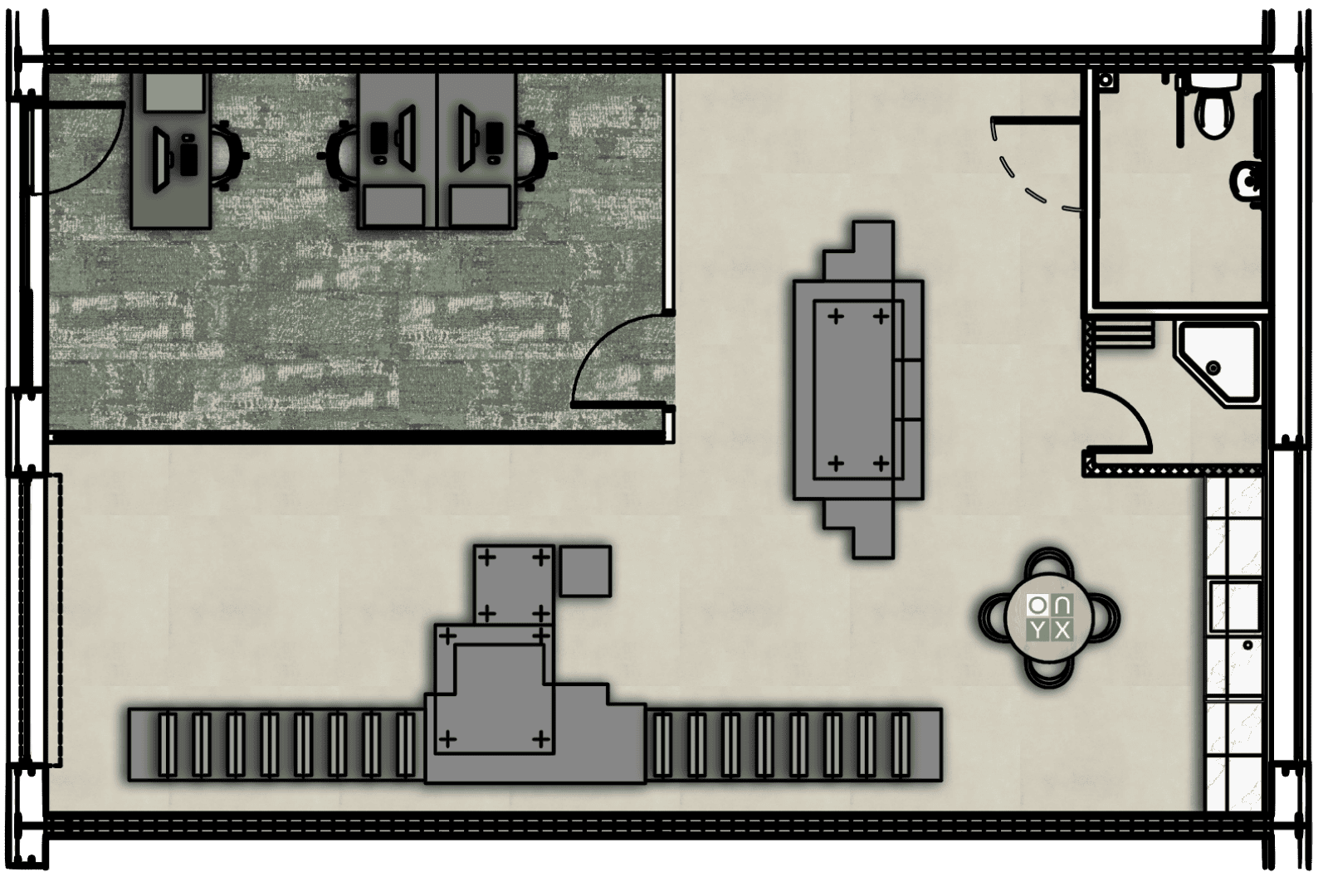 Floor plan of the manufacturing and office full shell unit at Onyx Business Parks. The floor plan details the layout with designated areas for desks, industrial machines, and a small office space. The office space is separated by glass walls, and the manufacturing area includes a long conveyor system and workstations. The layout also shows a restroom and a small kitchenette area.