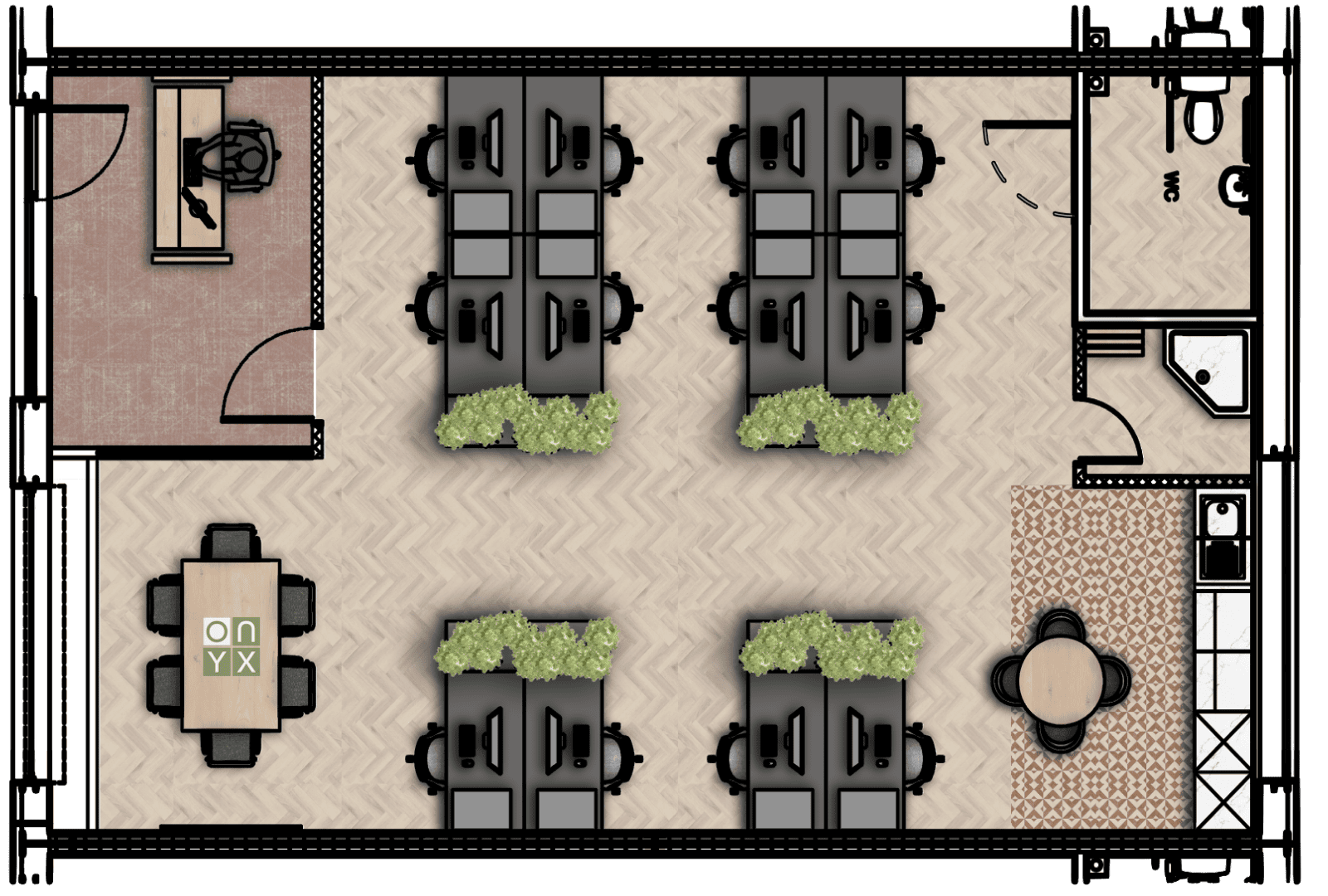 Floor plan of an office in a shell unit at Onyx Business Parks. The floor plan depicts a layout with multiple desks arranged in rows, separated by small partitions with green plants. There is a designated reception area with a desk and chair, and a meeting area with a round table and chairs. The layout also includes a restroom and a small kitchenette area. The Onyx Business Parks logo is displayed on a table in the meeting area.