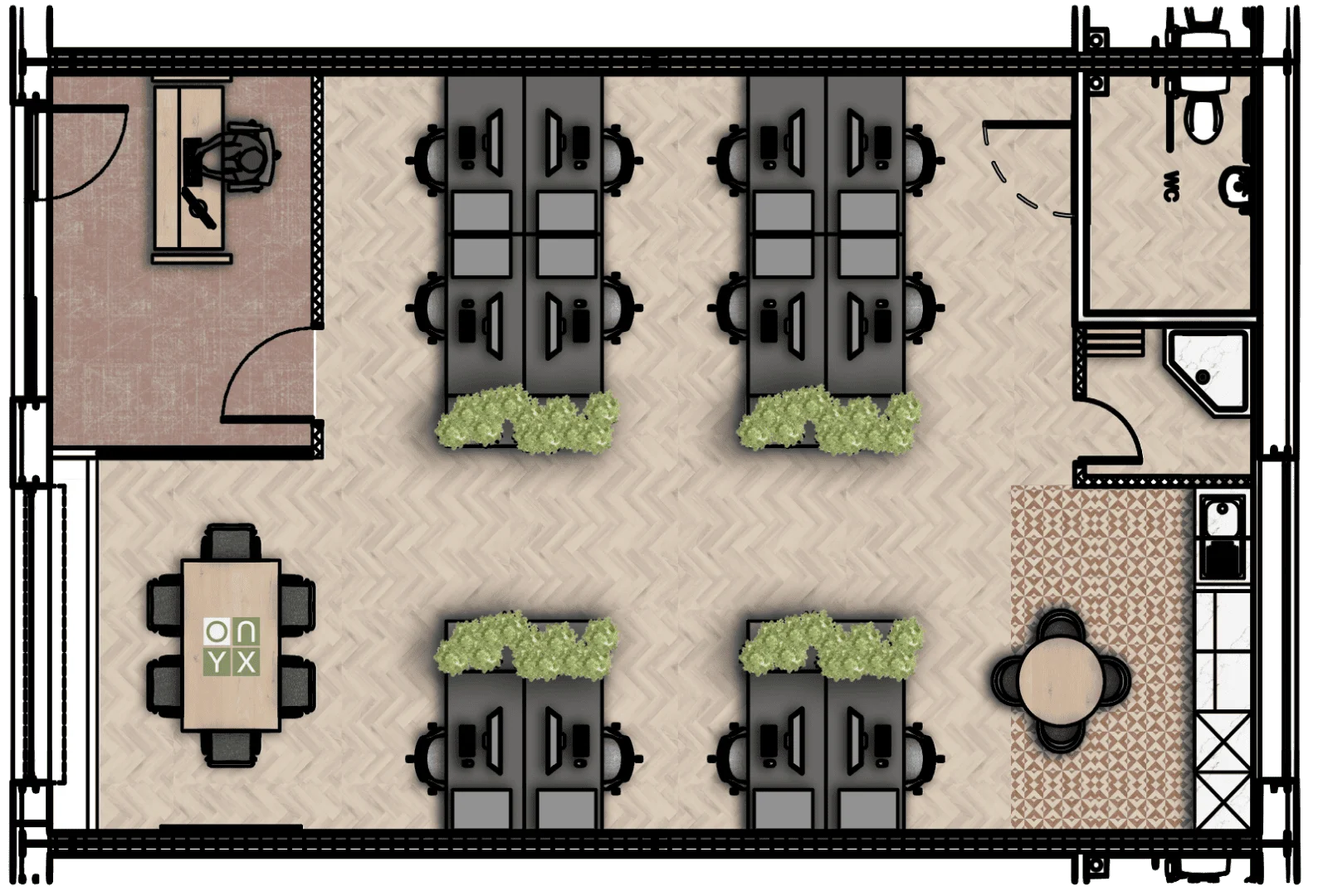 Floor plan of an office in a shell unit at Onyx Business Parks. The floor plan depicts a layout with multiple desks arranged in rows, separated by small partitions with green plants. There is a designated reception area with a desk and chair, and a meeting area with a round table and chairs. The layout also includes a restroom and a small kitchenette area. The Onyx Business Parks logo is displayed on a table in the meeting area.