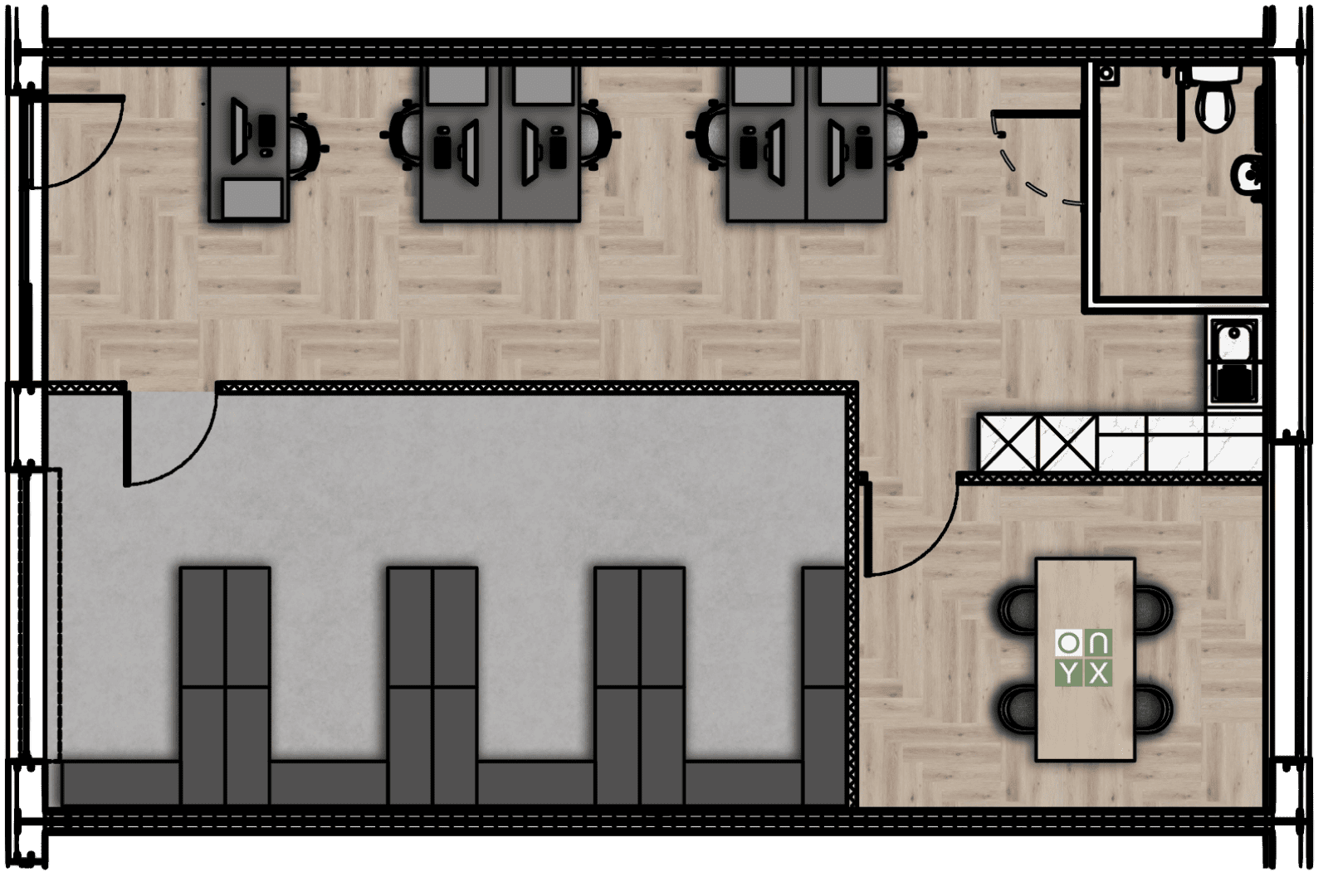 Floor plan of an office, storage, and meeting unit in a shell unit at Onyx Business Parks. The floor plan shows a layout with multiple desks arranged in a row near the top, a storage area with shelving units in the centre, and a meeting area with a table and chairs near the bottom. The layout includes a small kitchenette and a restroom on the right side. The Onyx Business Parks logo is displayed on the meeting table.