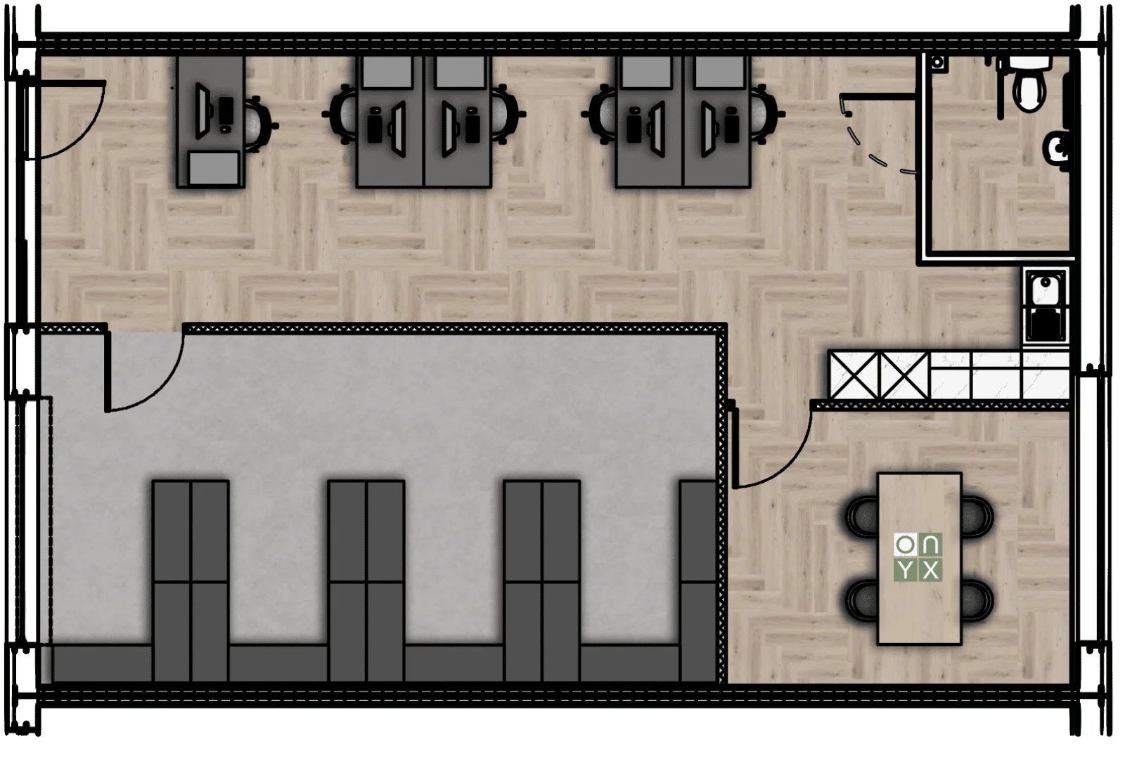 Floor plan of an office, storage, and meeting unit in a shell unit at Onyx Business Parks. The floor plan shows a layout with multiple desks arranged in a row near the top, a storage area with shelving units in the centre, and a meeting area with a table and chairs near the bottom. The layout includes a small kitchenette and a restroom on the right side. The Onyx Business Parks logo is displayed on the meeting table.
