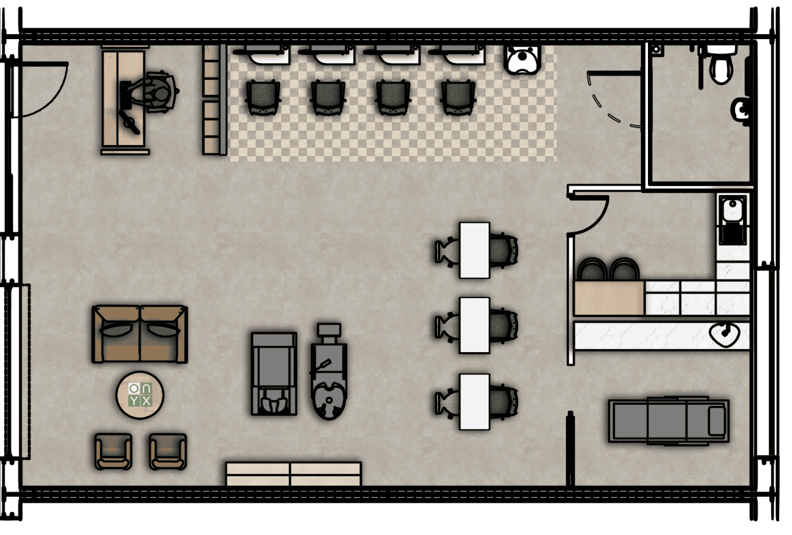 Floor plan of a hair salon training unit in a shell unit at Onyx Business Parks. The layout features a reception desk near the entrance, with a waiting area including a sofa, two chairs, and a table bearing the Onyx logo. There are several workstations along the top wall, each equipped with chairs and mirrors for hair styling, along with washing stations. The centre of the floor plan includes additional desks and chairs for training purposes. The right side includes a small kitchenette and a restroom. Various salon equipment and storage units are distributed throughout the space.