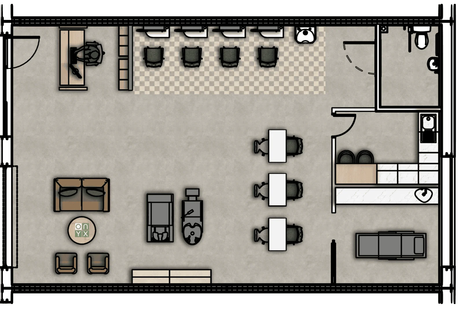 Floor plan of a hair salon training unit in a shell unit at Onyx Business Parks. The layout features a reception desk near the entrance, with a waiting area including a sofa, two chairs, and a table bearing the Onyx logo. There are several workstations along the top wall, each equipped with chairs and mirrors for hair styling, along with washing stations. The centre of the floor plan includes additional desks and chairs for training purposes. The right side includes a small kitchenette and a restroom. Various salon equipment and storage units are distributed throughout the space.