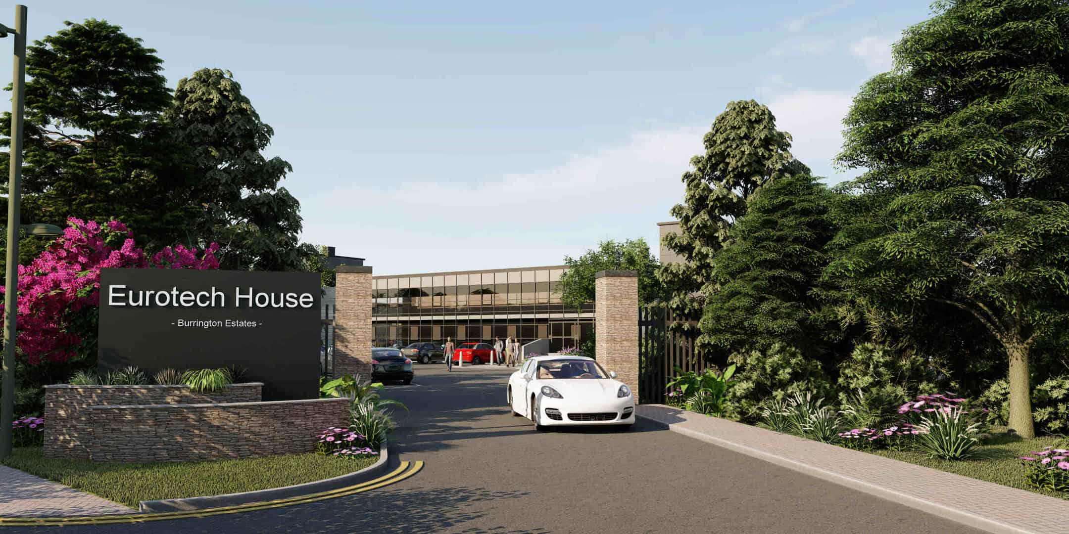 CGI representation of the entrance at Eurotech Park, featuring a departing car and people in the background, indicating the vibrant community within the commercial development.