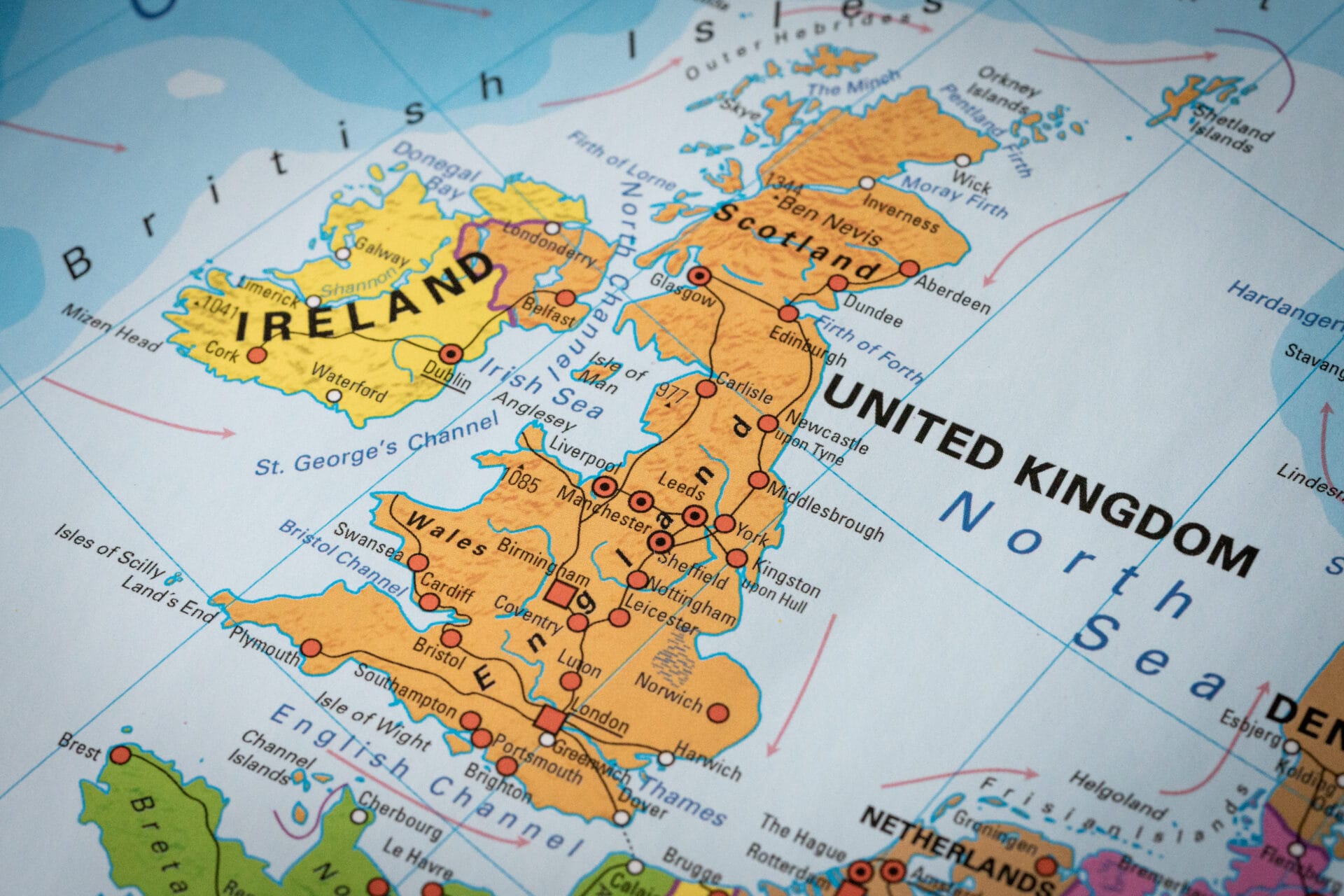 Map of the United Kingdom and Ireland highlighting key cities and regions, illustrating how location influences commercial property investment returns in different areas.